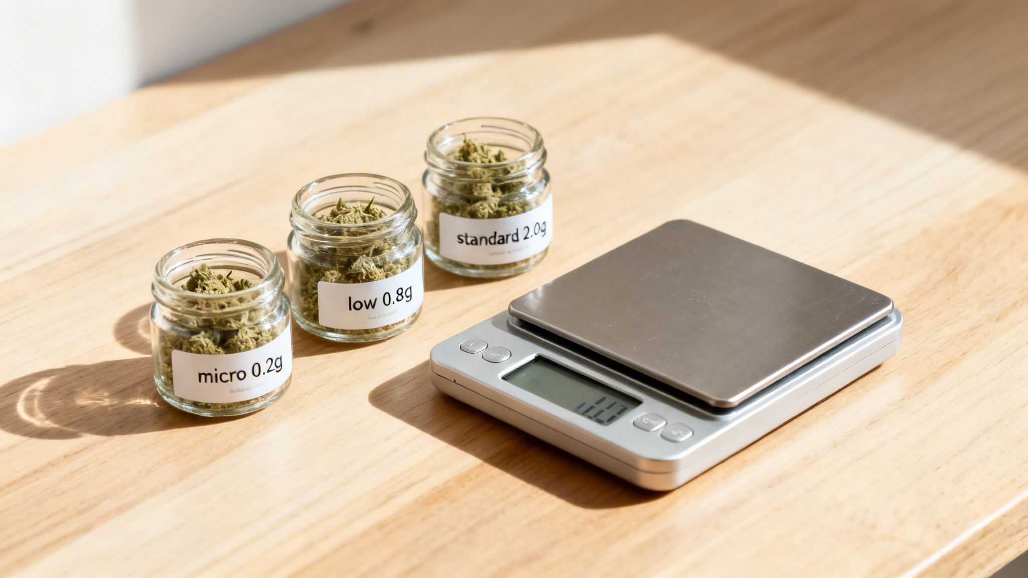 Three jars of cannabis buds labeled micro, low, and standard doses, next to a digital scale on a wooden table.