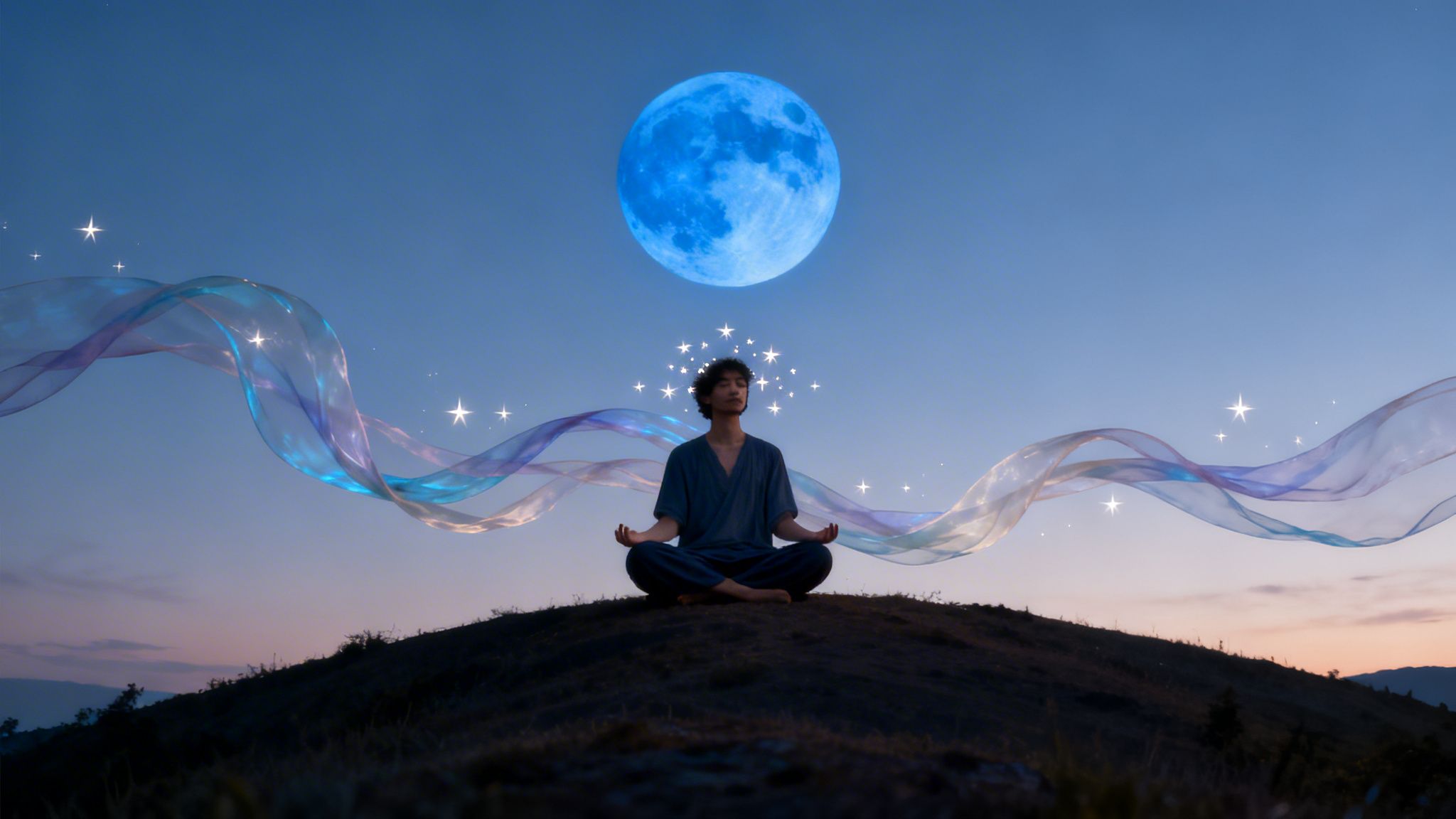 A person meditates on a hill under a vibrant blue moon with flowing magical ribbons.