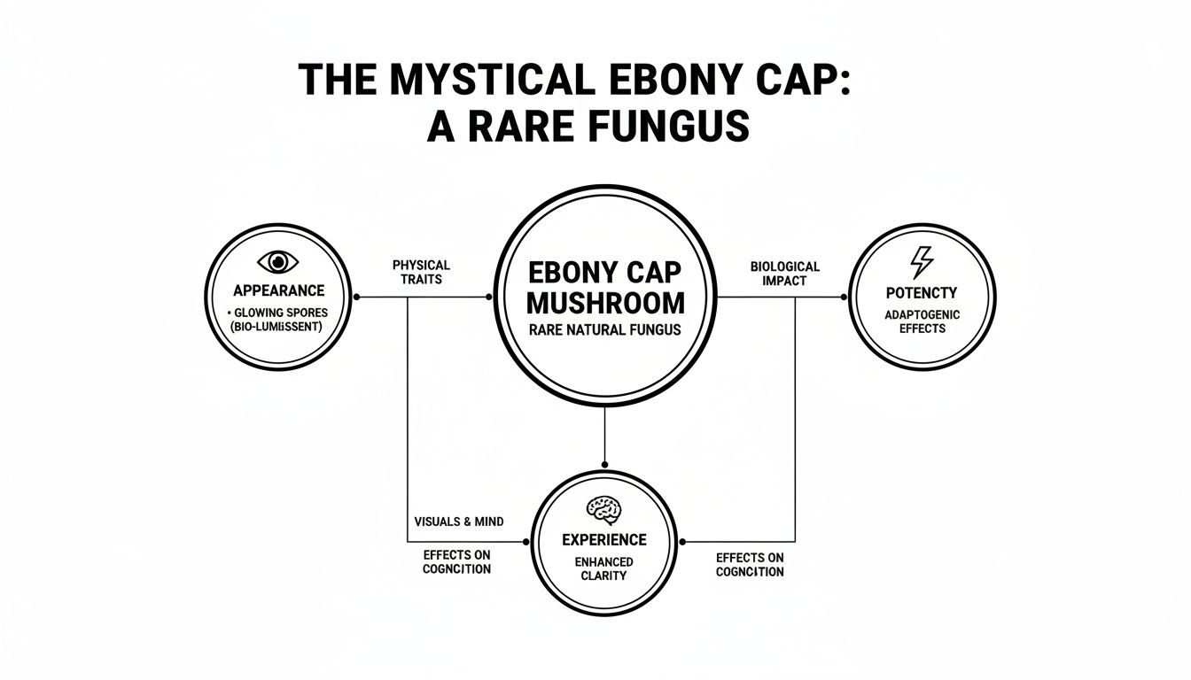 A diagram explaining the characteristics of the Ebony Cap Mushroom, including its appearance, potency, and cognitive effects.
