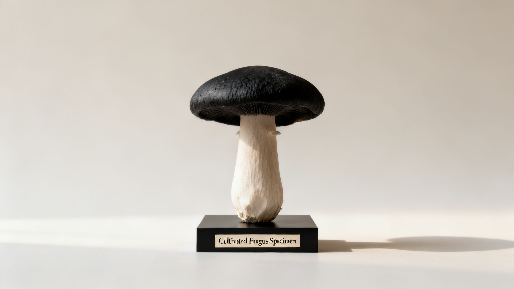A cultivated fungus specimen, featuring a dark-capped mushroom with a light stem, displayed on a black stand.