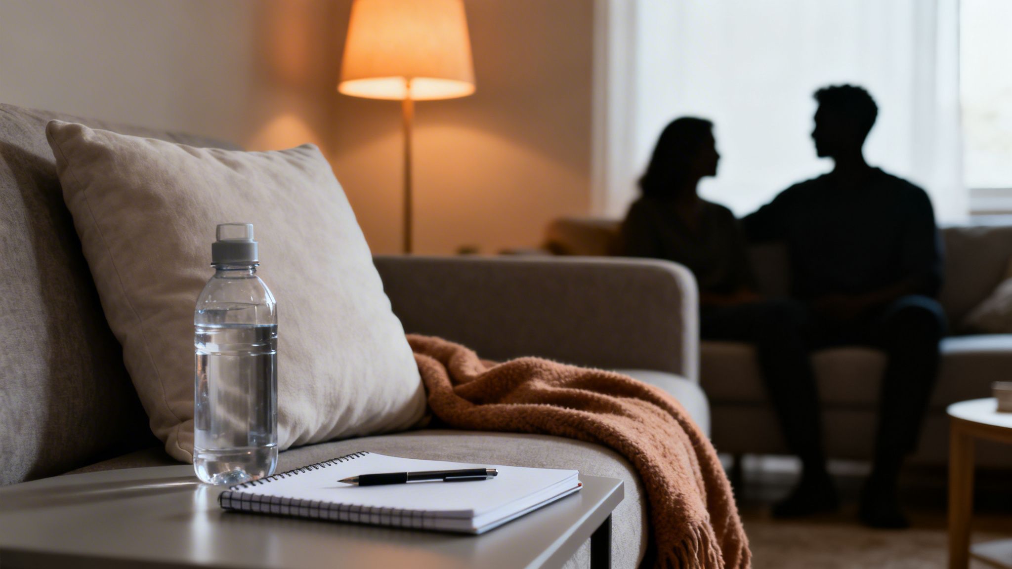 A water bottle, notebook, and pen on a side table during a couple's therapy session.