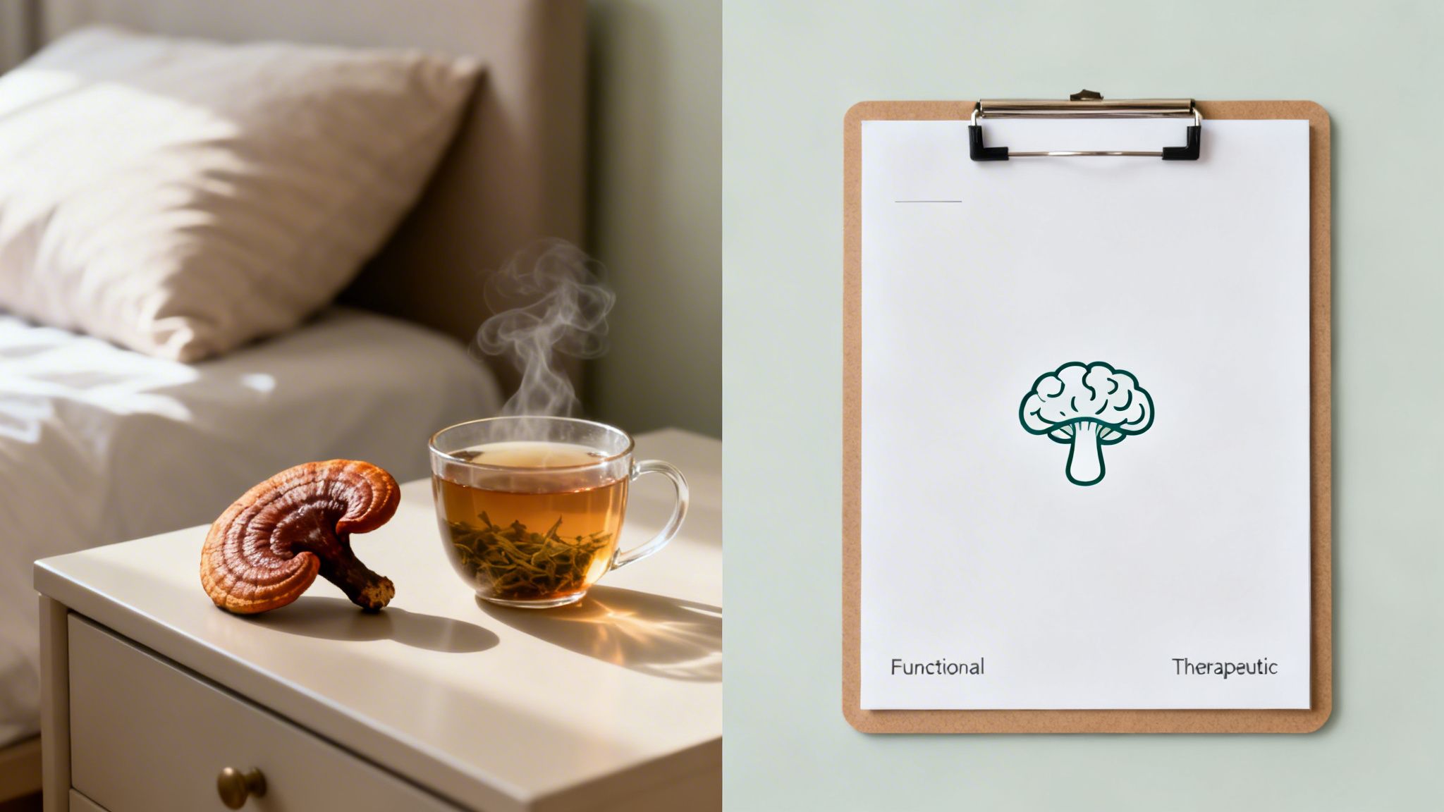 Reishi mushroom and tea on a nightstand, with a clipboard showing a brain-mushroom icon and "Functional Therapeutic".