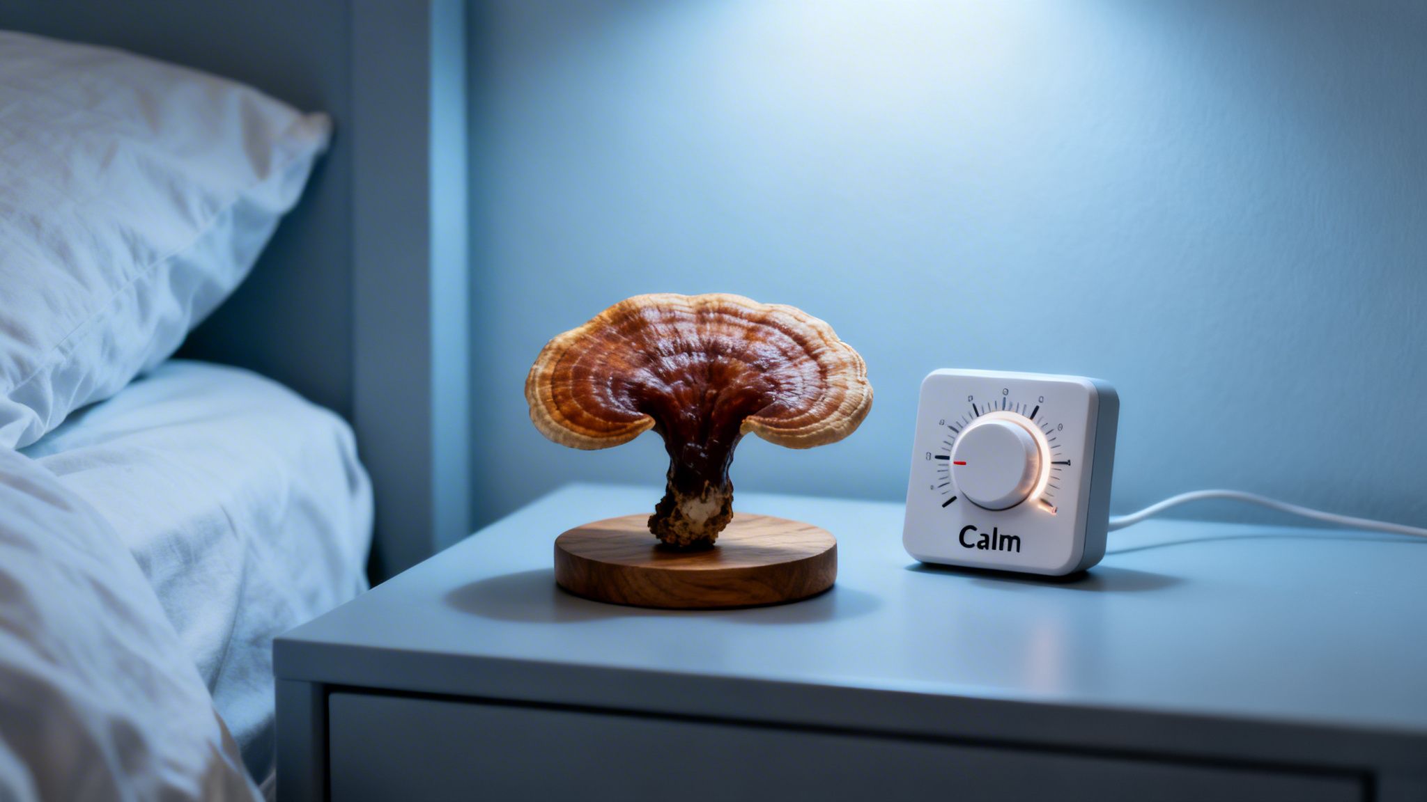 A Reishi mushroom and a 'Calm' device on a bedside table under soft blue light, next to a bed.