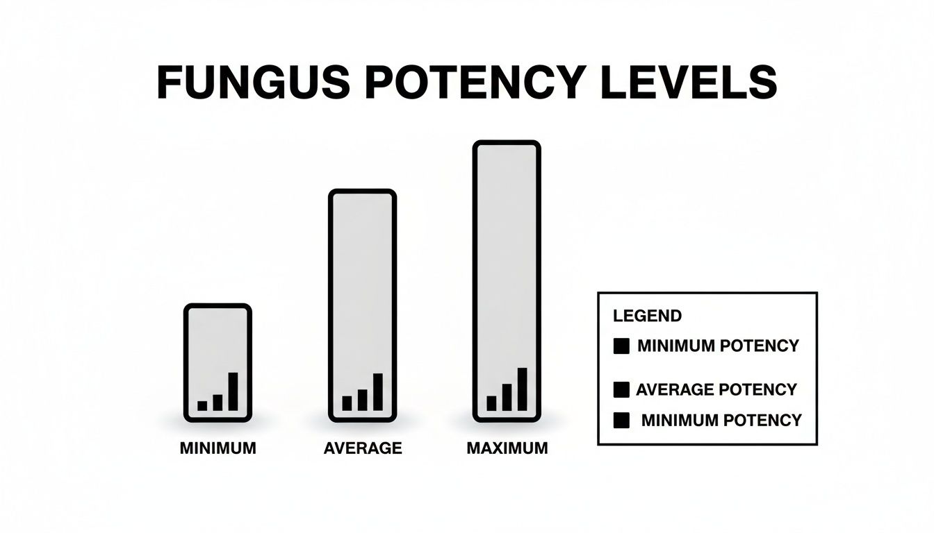 A bar chart illustrating fungus potency levels across minimum, average, and maximum categories, with internal potency indicators and a legend.