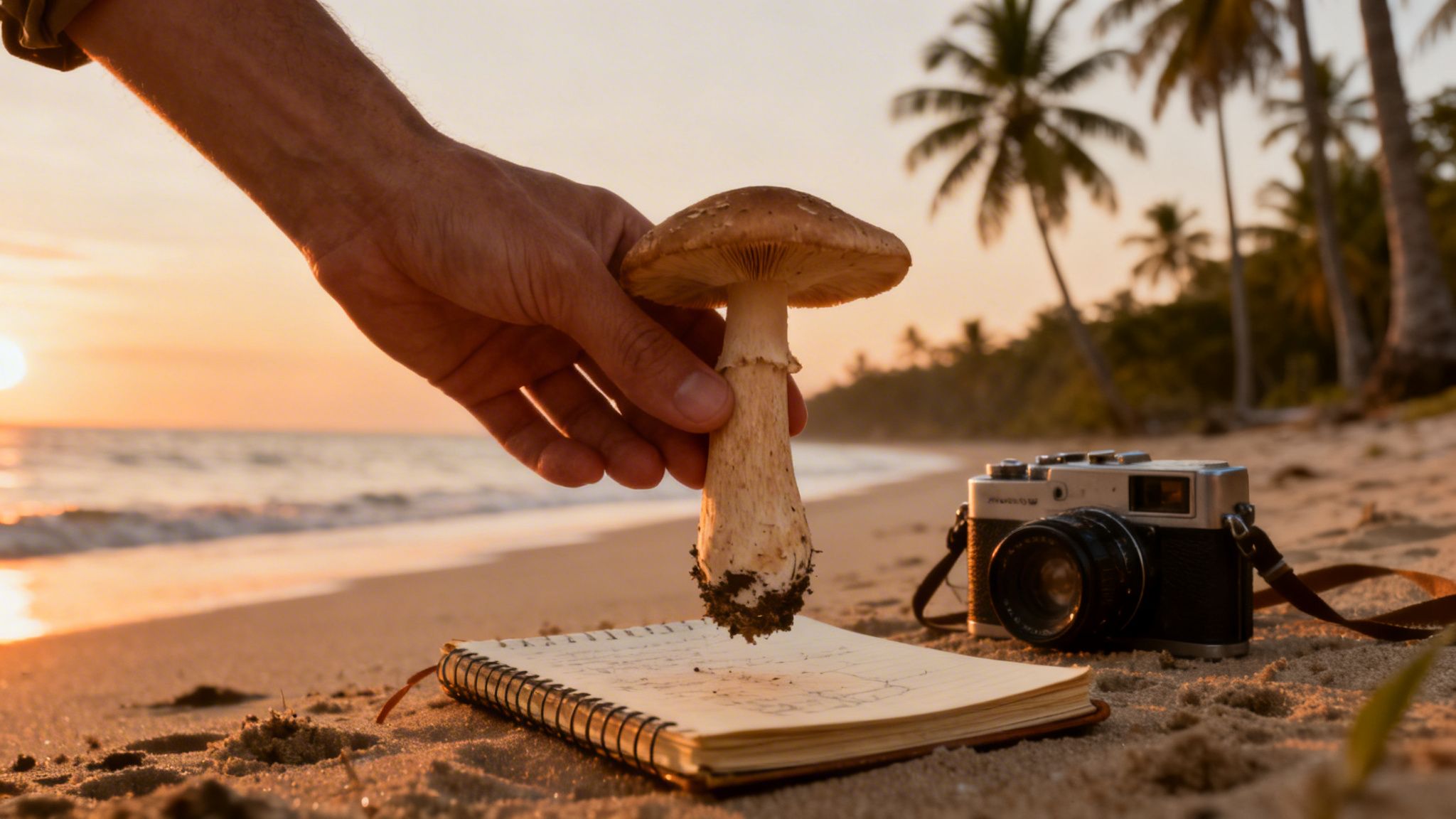 A hand holds a mushroom over a notebook and camera on a sandy beach at sunset.
