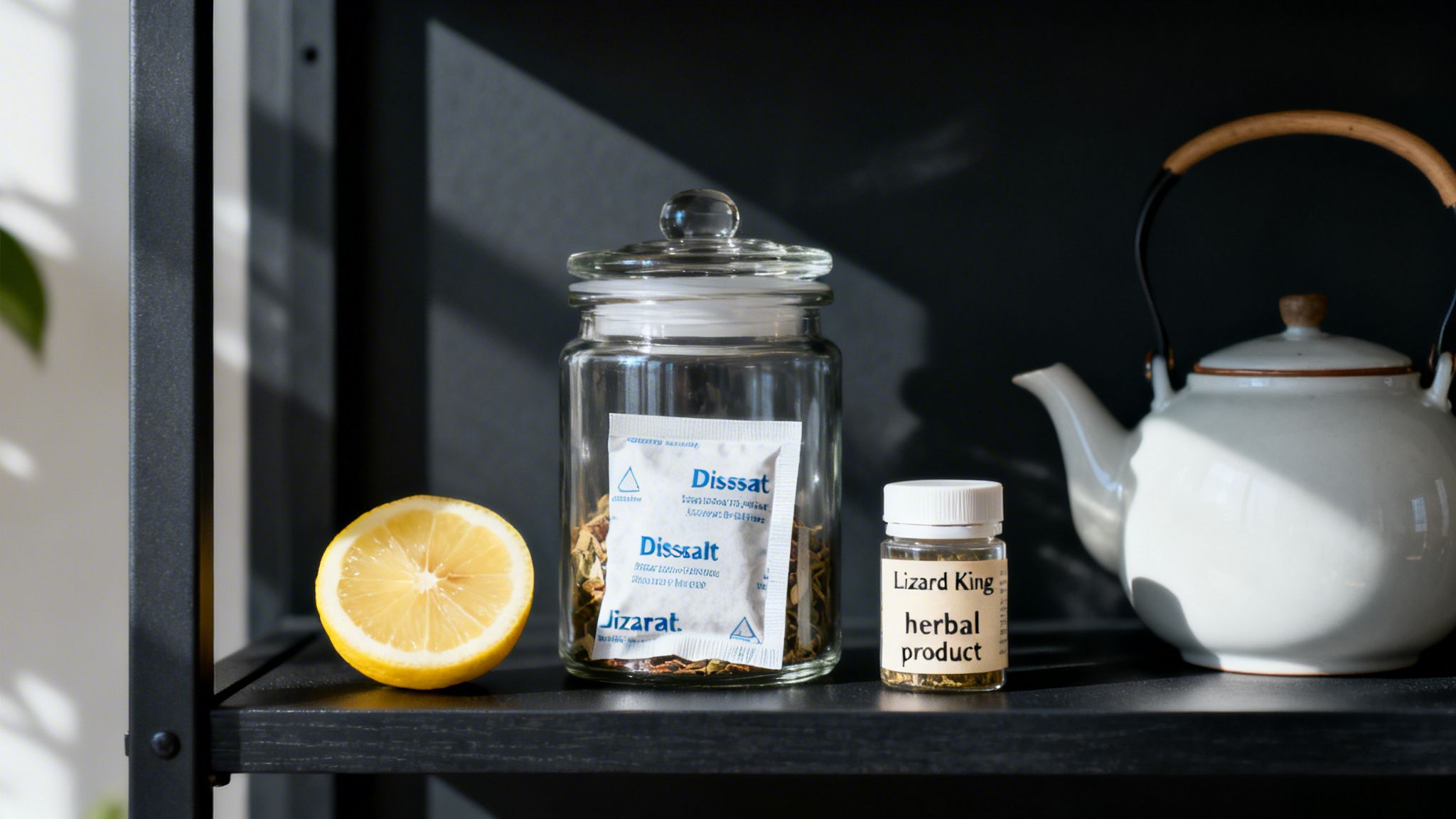 A shelf with a halved lemon, a jar of herbs, a 'Lizard King' product, and a teapot.