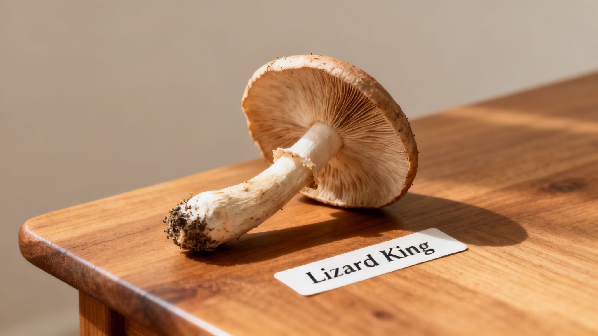 A brown and white mushroom with visible gills and root, next to a "Lizard King" label on a wooden table.