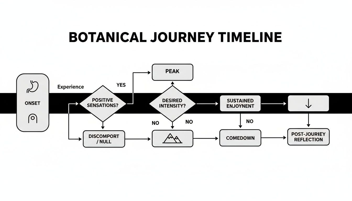Flowchart illustrating the botanical journey timeline, from onset and sensations to peak and reflection.
