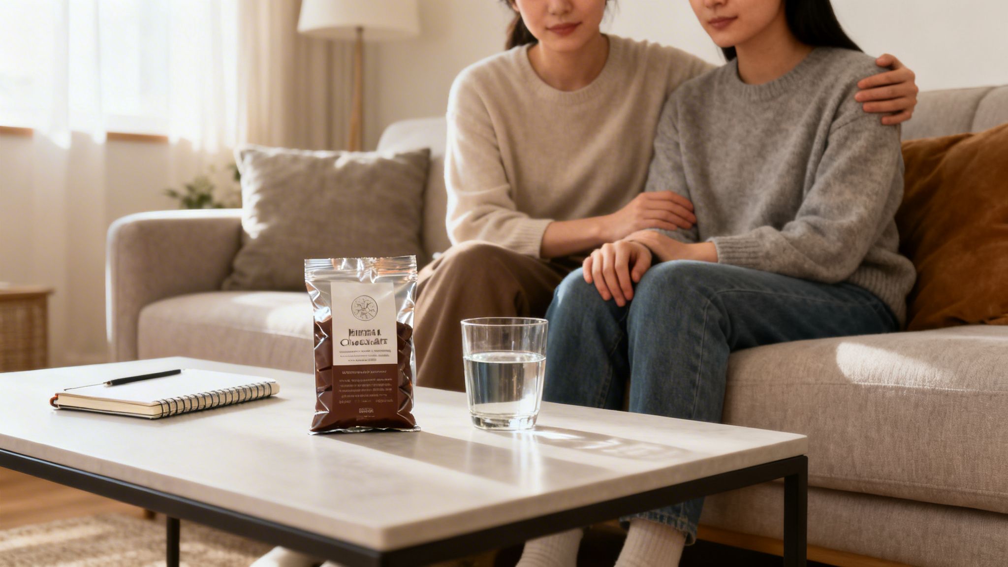 Two women relax on a couch in a sunlit living room with chocolate and water on a coffee table.