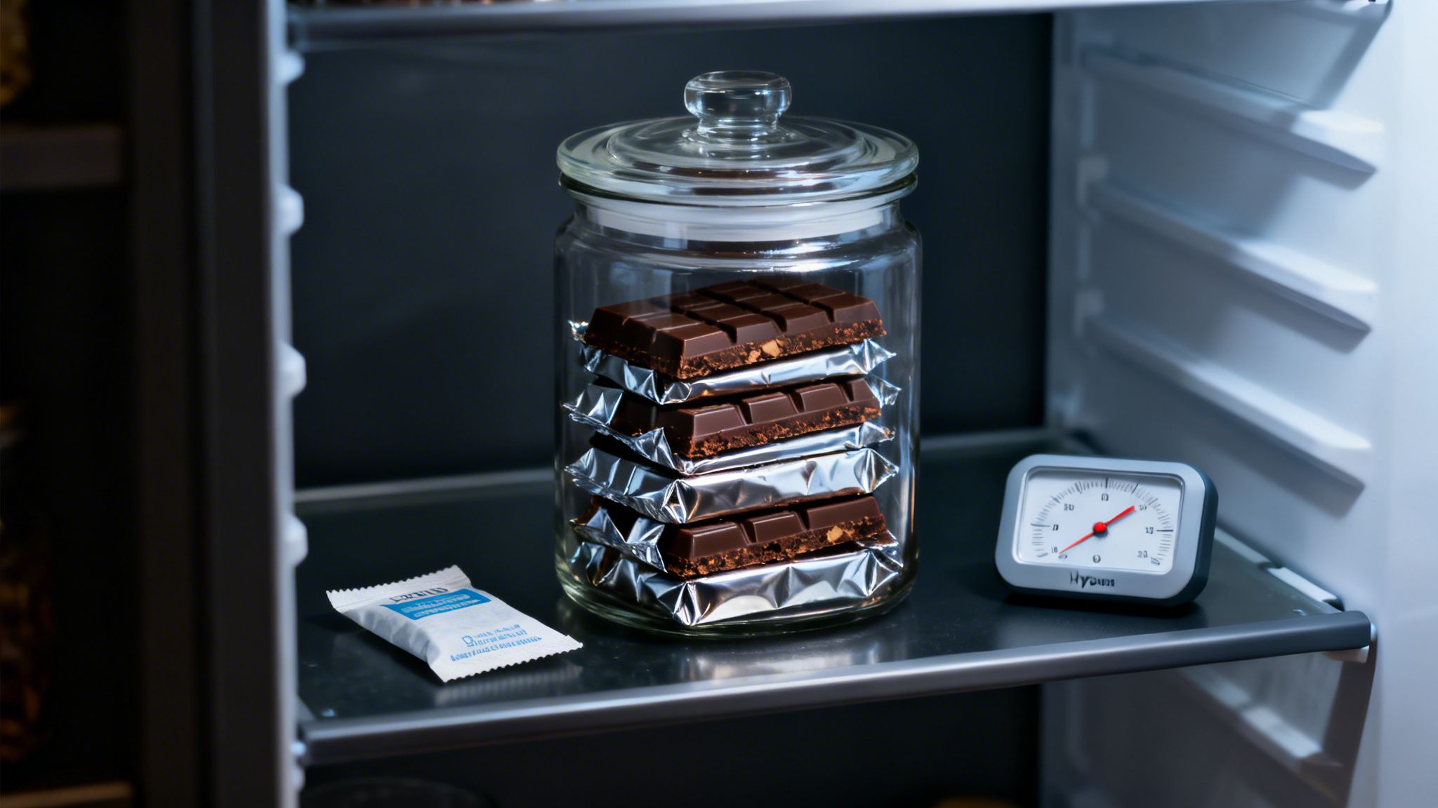 Chocolate bars stored in a glass jar inside a refrigerator with a thermometer and desiccant packet.