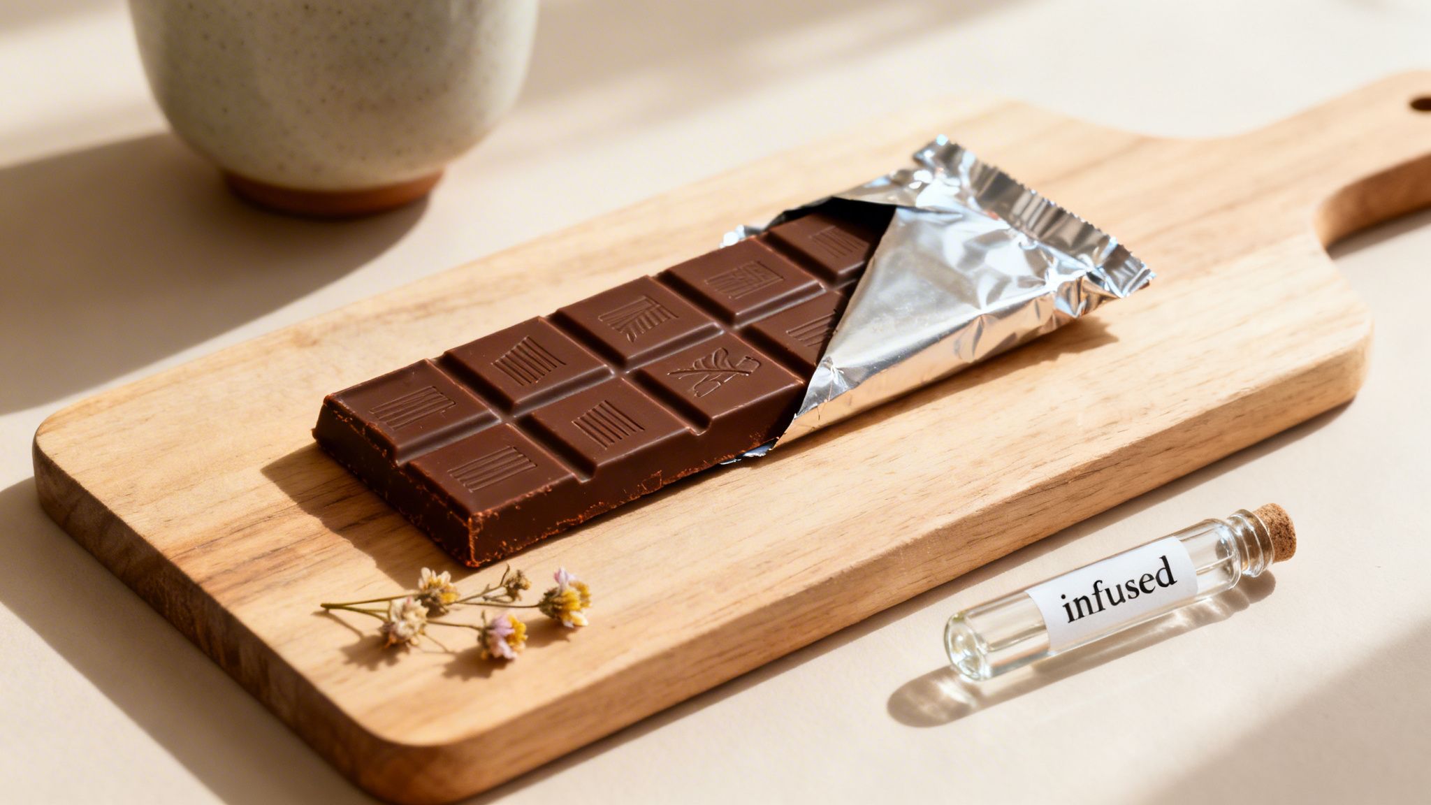 A partially unwrapped dark chocolate bar on a wooden board next to a small vial labeled 'infused'.