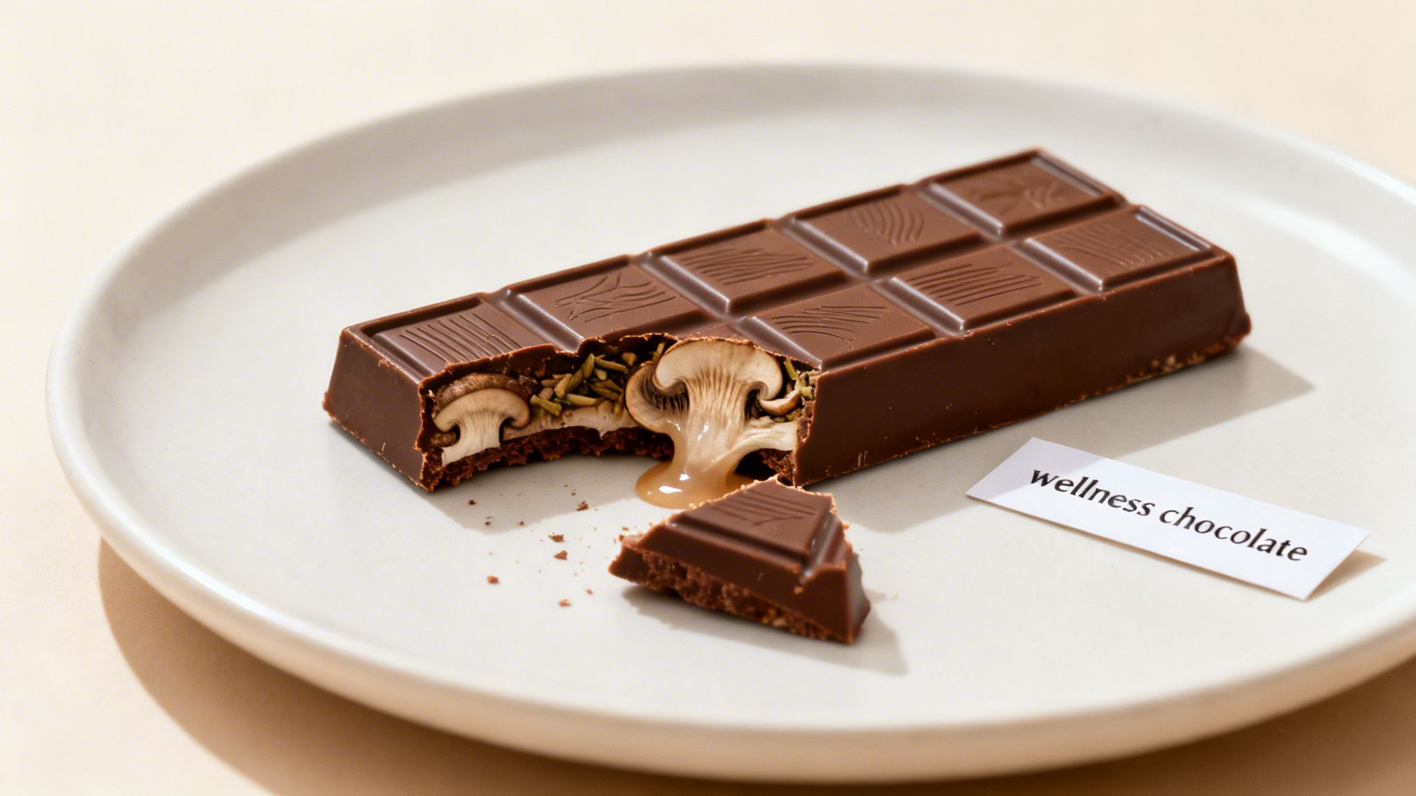 A broken dark chocolate bar revealing mushrooms and a gooey caramel-like filling on a white plate, with a 'wellness chocolate' label.
