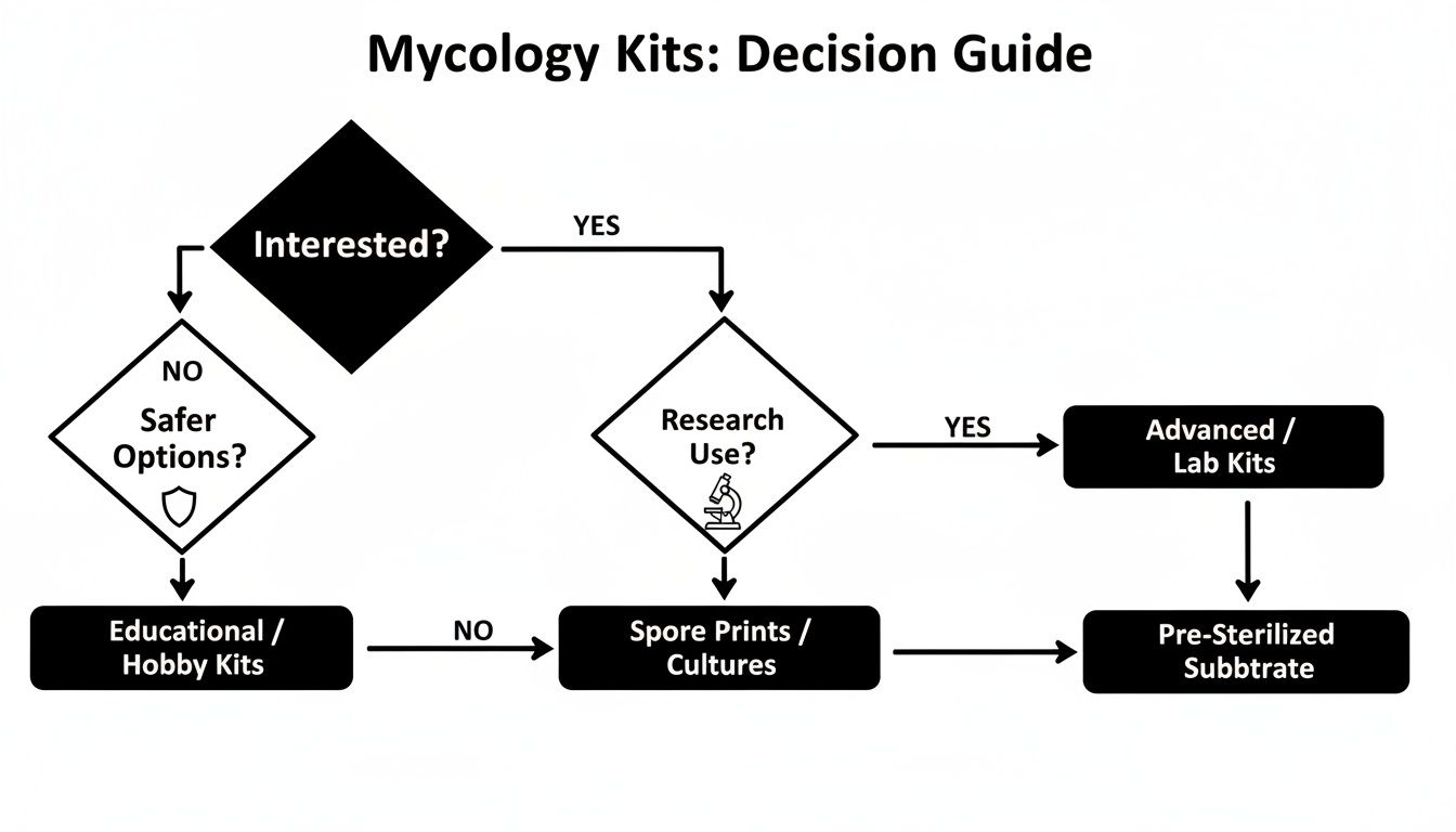 Flowchart titled 'Mycology Kits: Decision Guide' for choosing kits based on user interest and purpose.