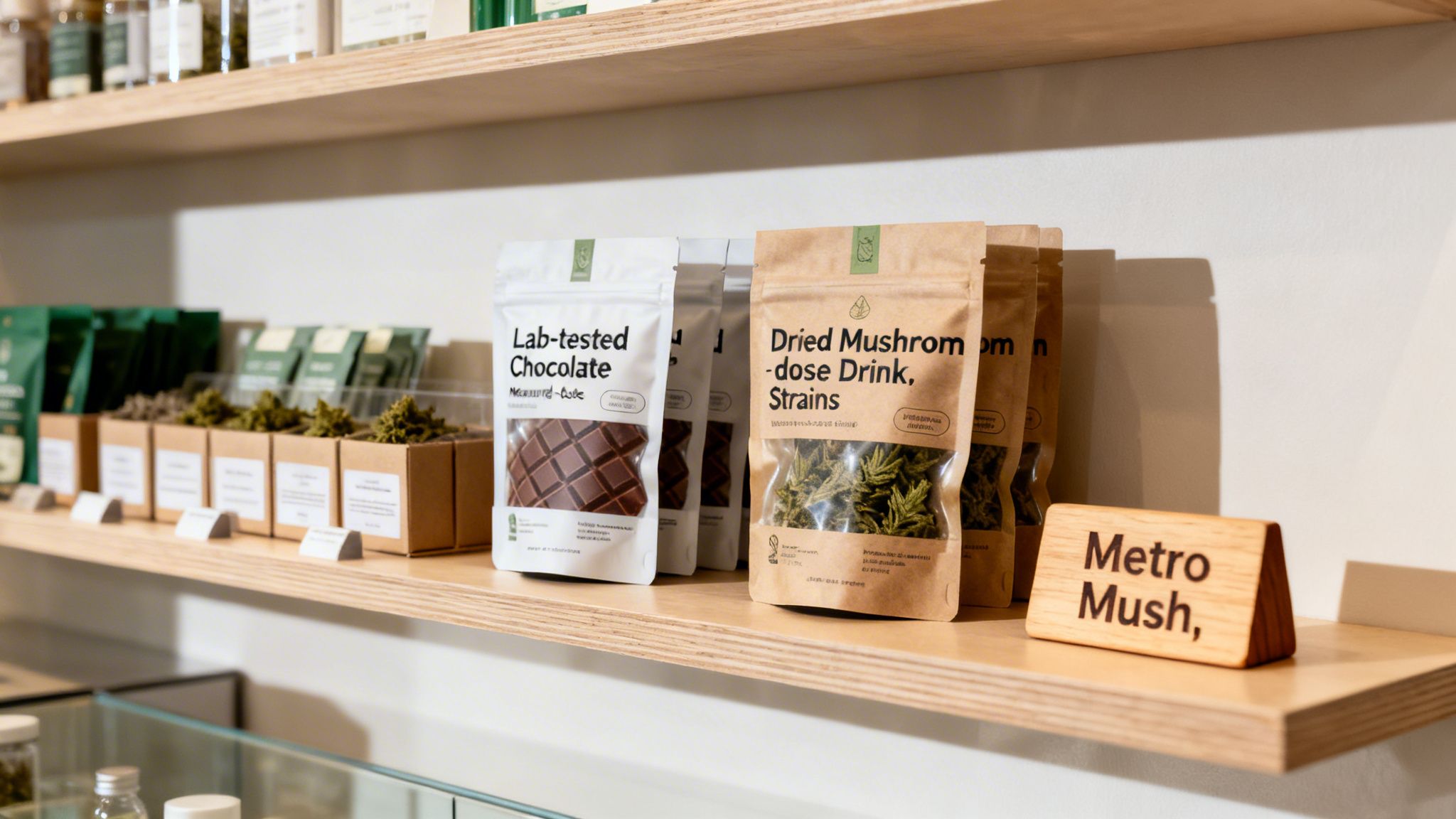 A retail shelf displaying various packaged products, including lab-tested chocolate and dried mushroom drinks, with a 'Metro Mush' sign.