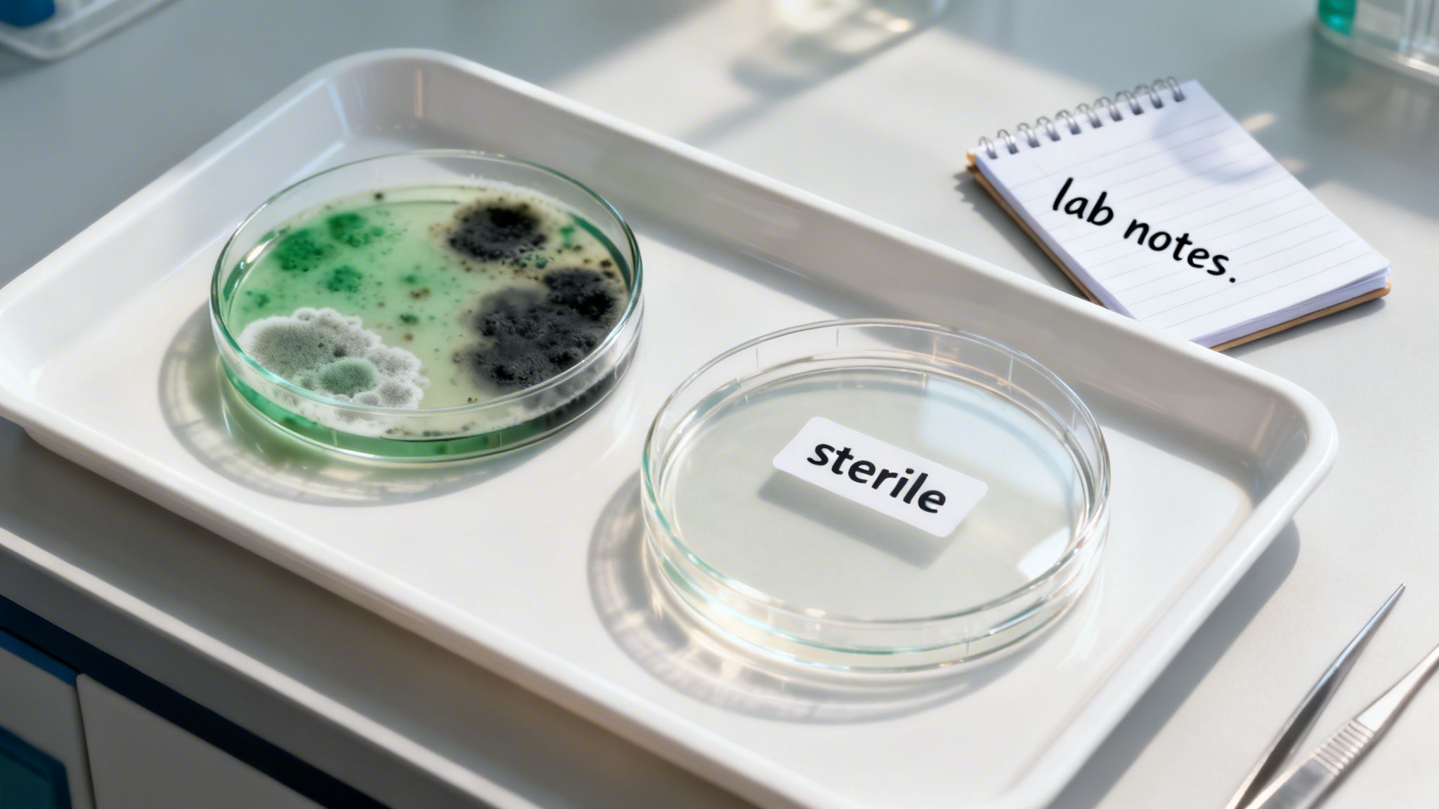 Two petri dishes on a lab tray: one with vibrant mold growth, another labeled 'sterile,' next to 'lab notes' notebook.