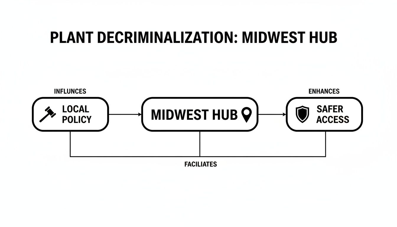A flowchart titled 'Plant Decriminalization: Midwest Hub' showing policy, hub, and access relationships.