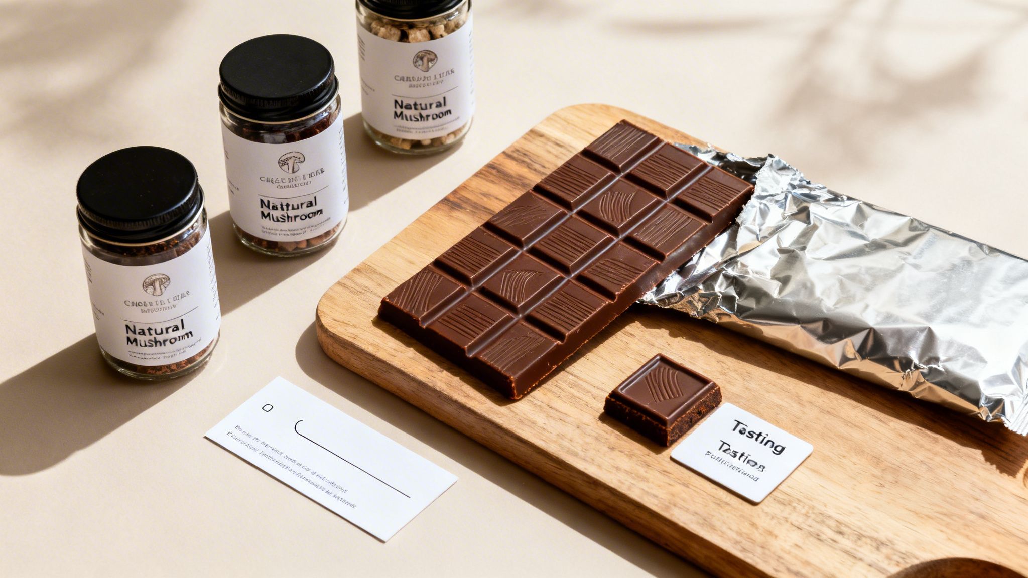 A bar of dark chocolate, mushroom jars, and a tasting card on a wooden board.
