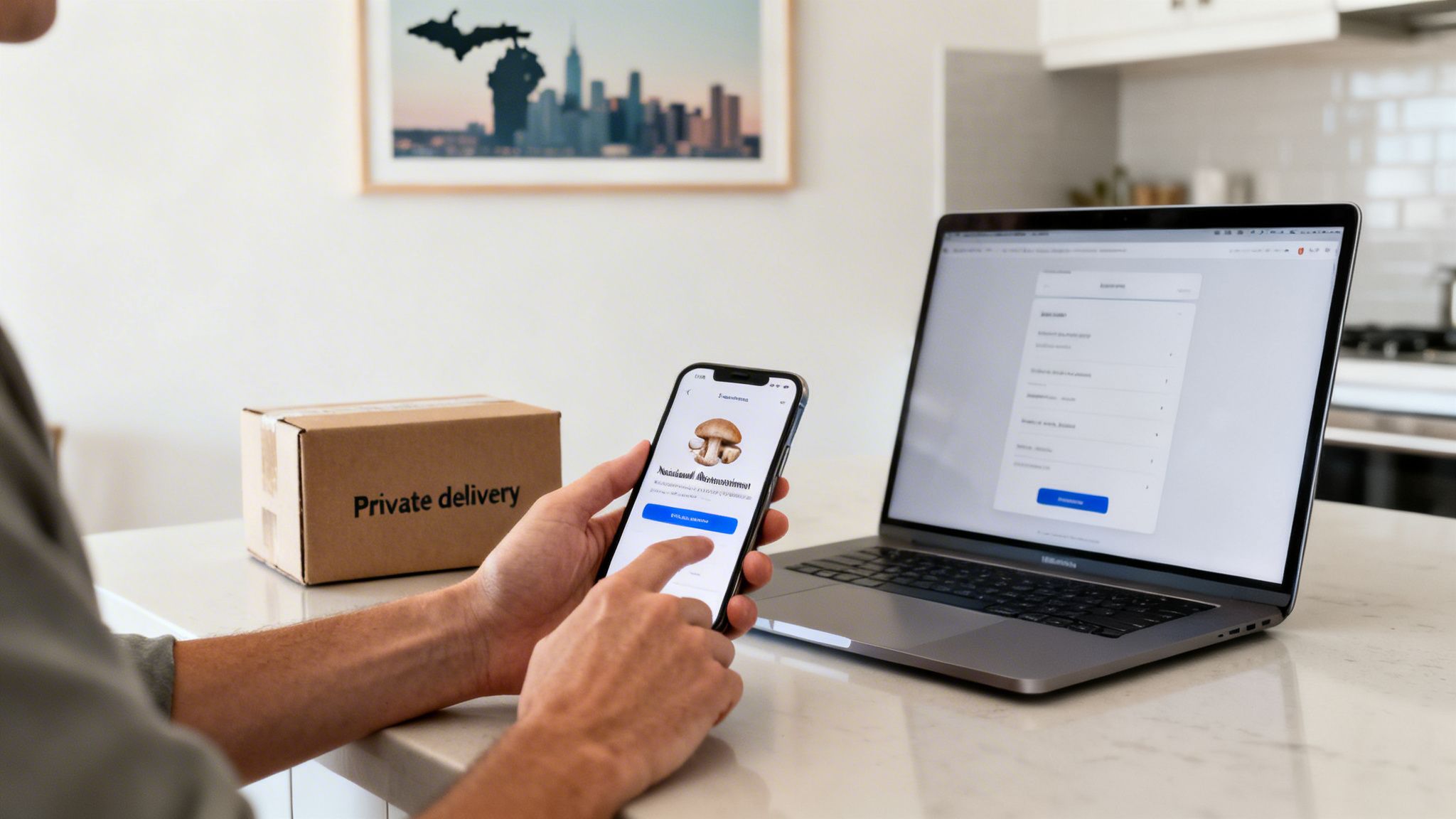 A person orders magic mushrooms online using a smartphone, with a 'Private delivery' box.