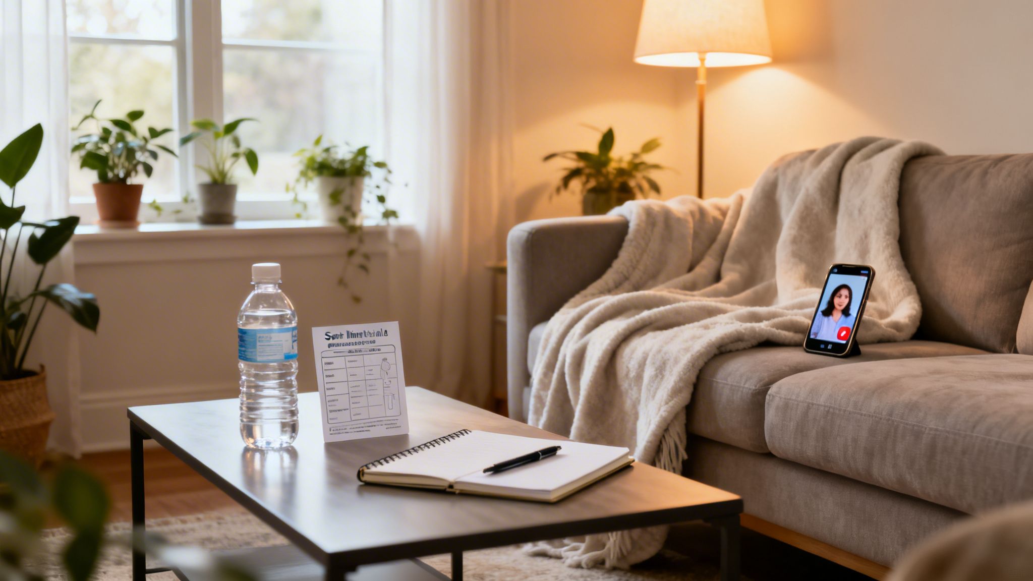 Cozy living room with coffee table, water, notebook, and a phone showing a video call.