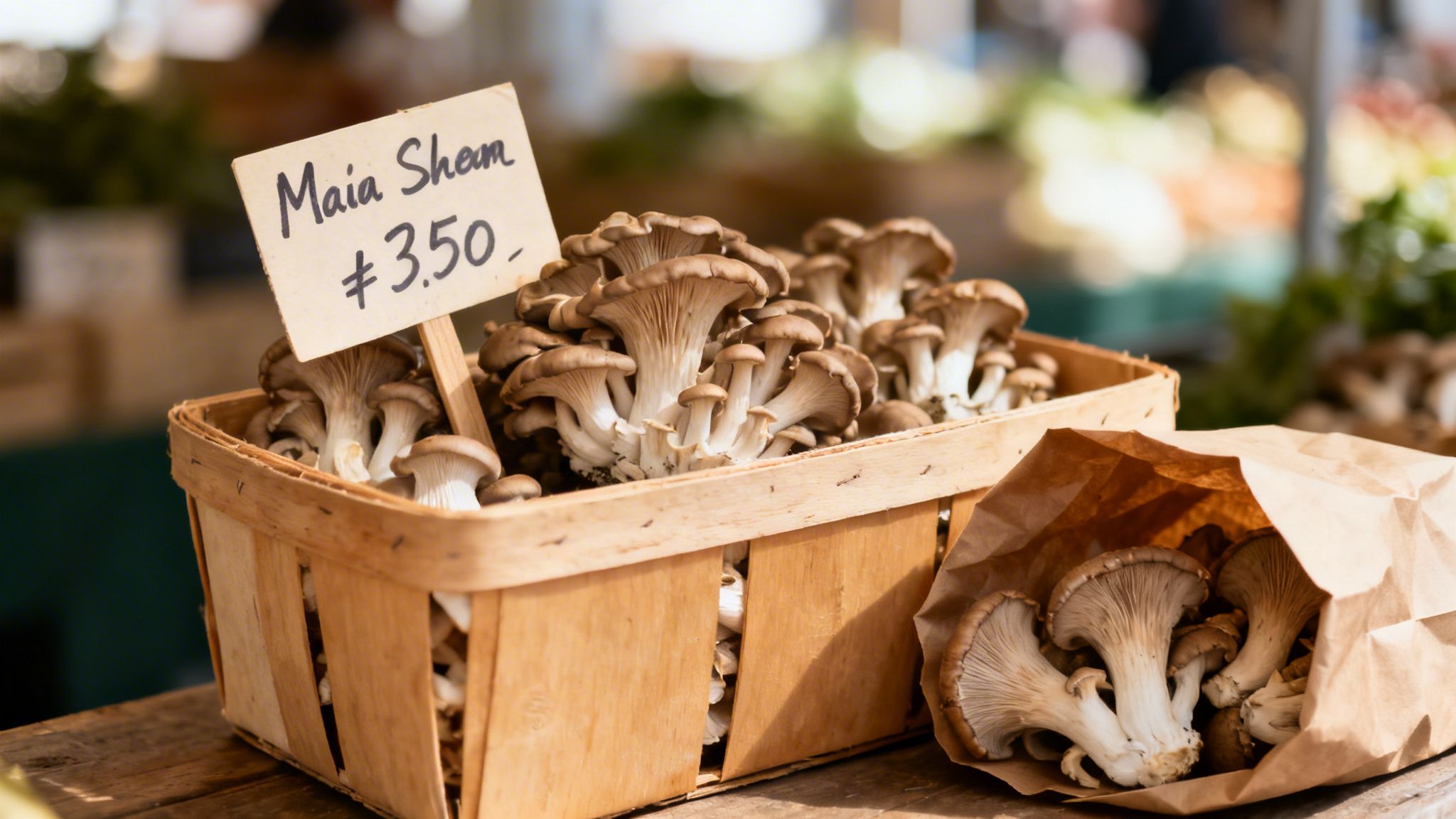 Fresh mushrooms displayed in a wooden basket with a price tag, alongside a paper bag, at a market stall.