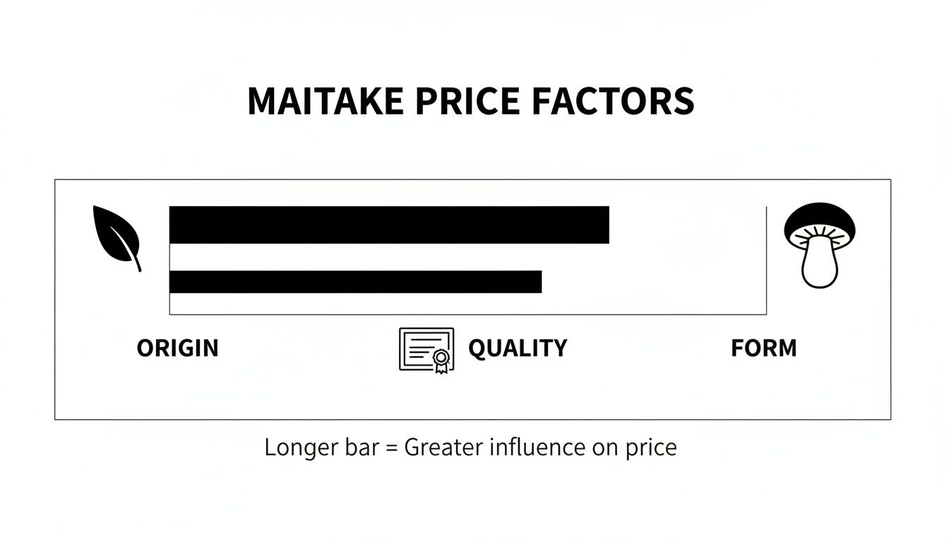Bar chart showing Maitake mushroom price factors: Origin, Quality, and Form, with bars indicating influence.