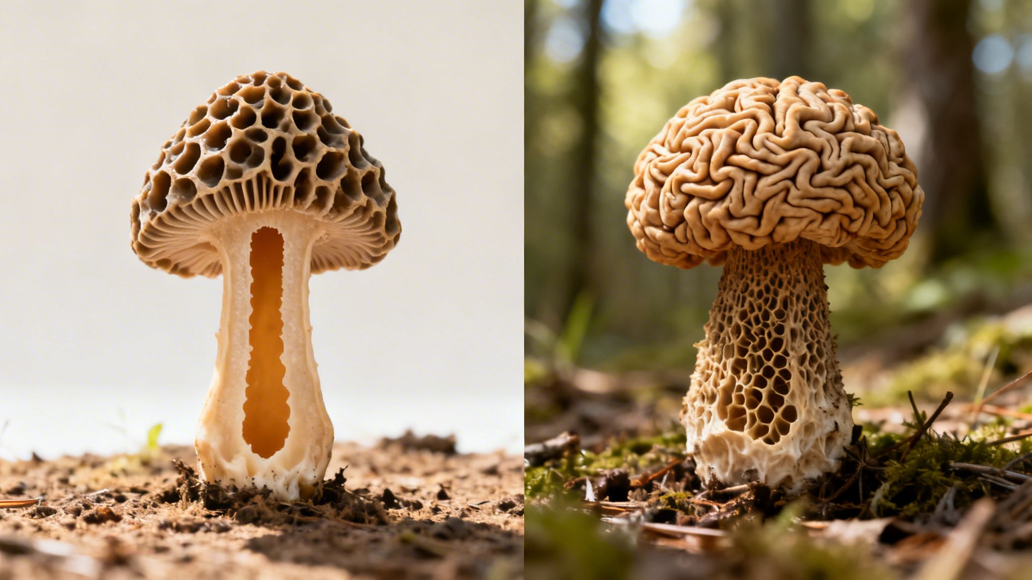 Two distinct fungi: a classic hollow morel mushroom on the left and a brain-like mushroom in a forest on the right.