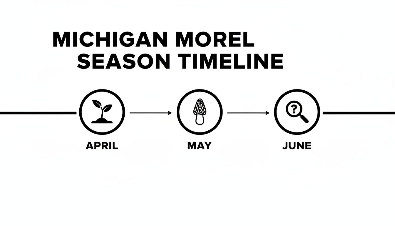 A timeline for Michigan morel mushroom season showing April, May, and June stages.