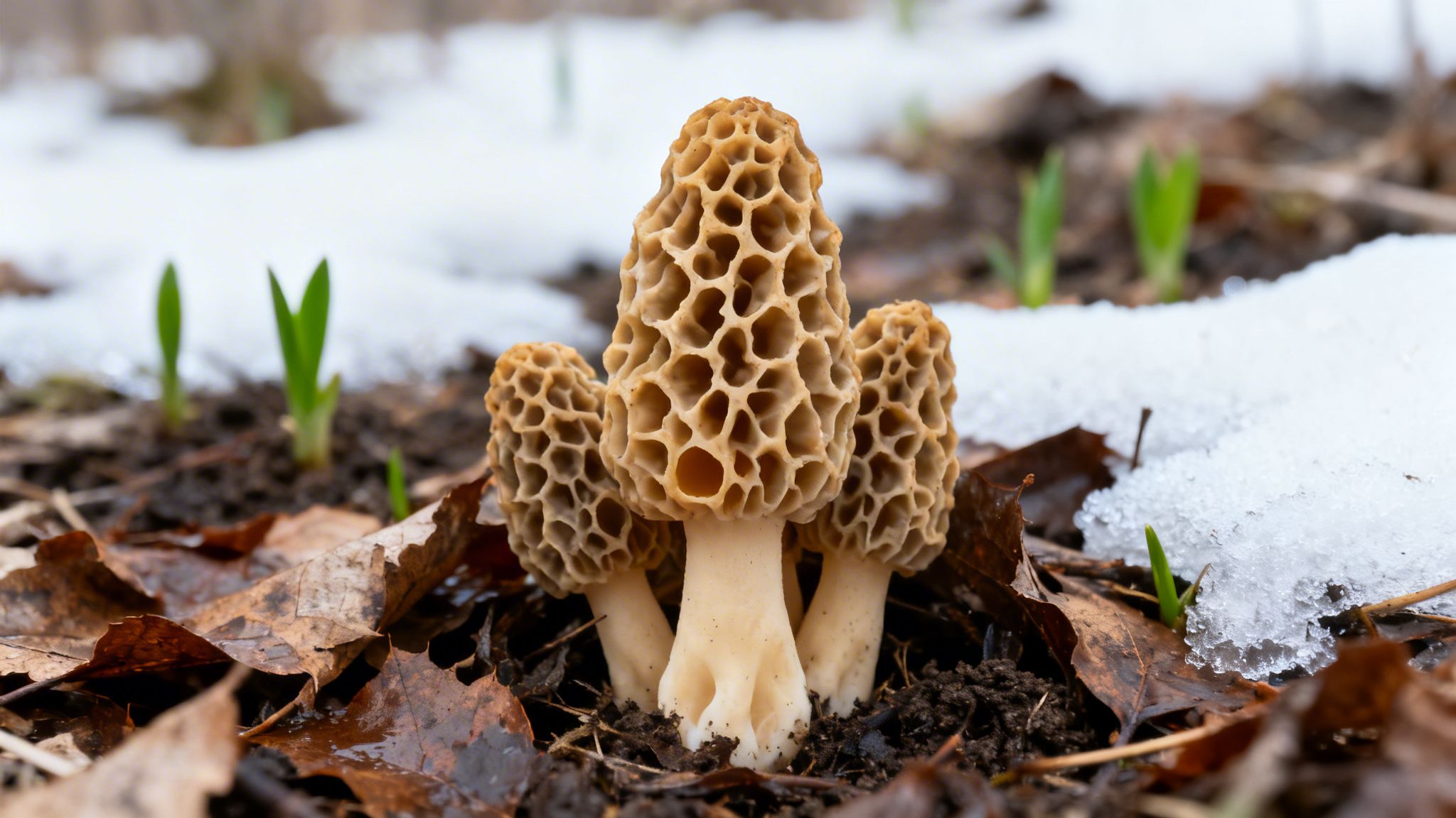 Close-up of golden morel mushrooms emerging from soil, fallen leaves, and melting snow.