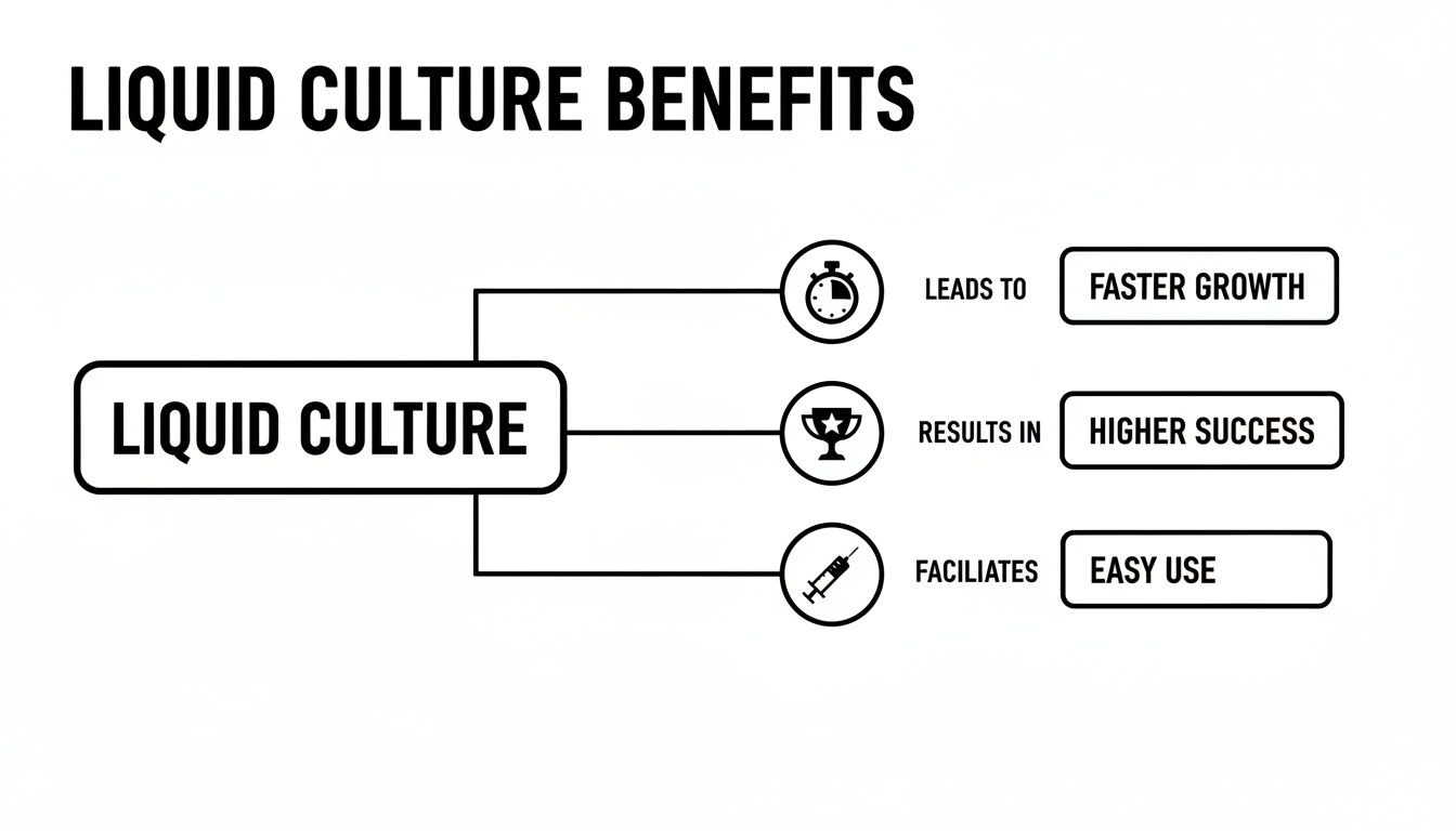 Diagram illustrating the benefits of liquid culture, including faster growth, higher success, and easy use.