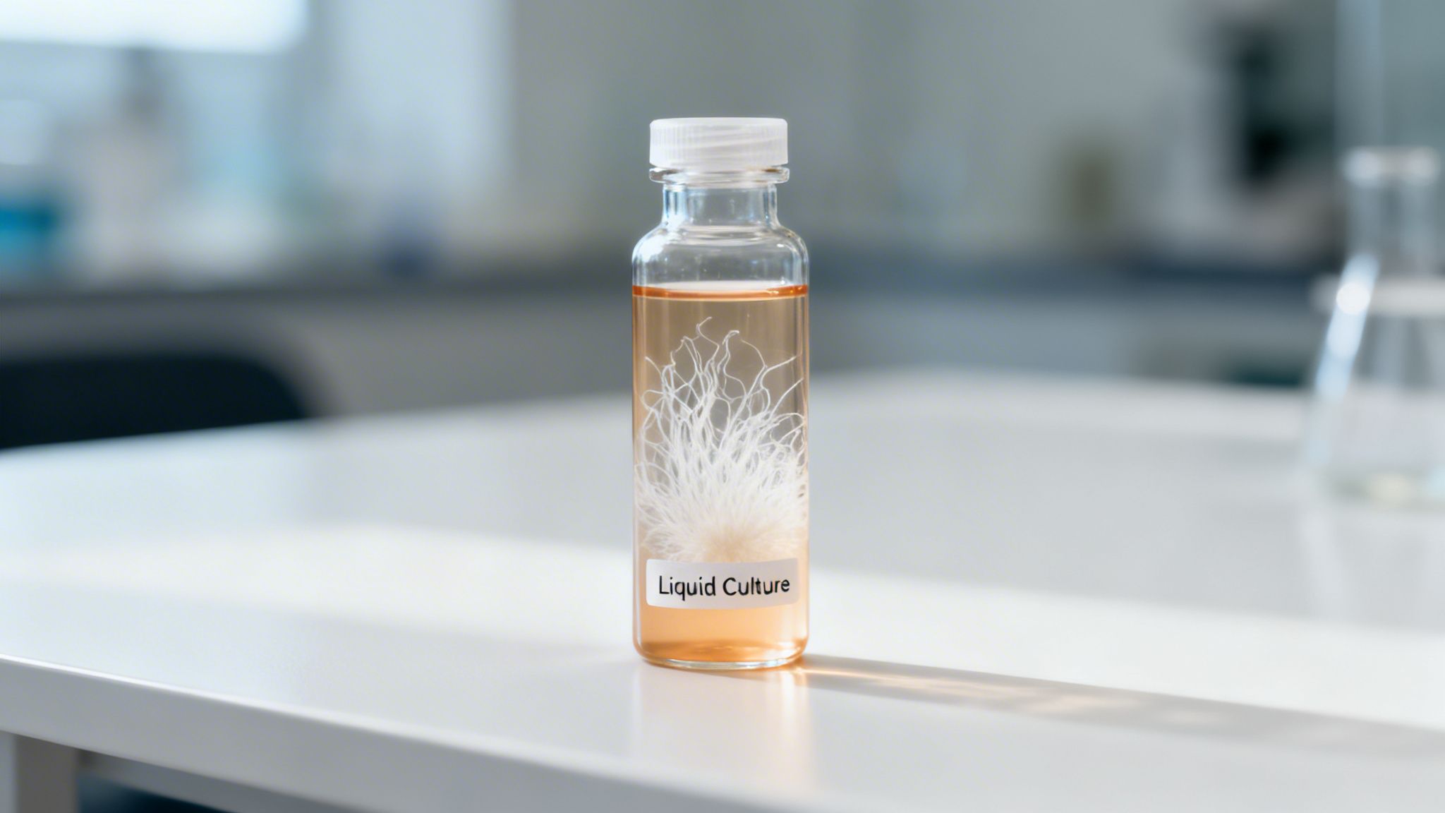 A clear bottle of liquid culture with white filamentous growth sits on a lab table.