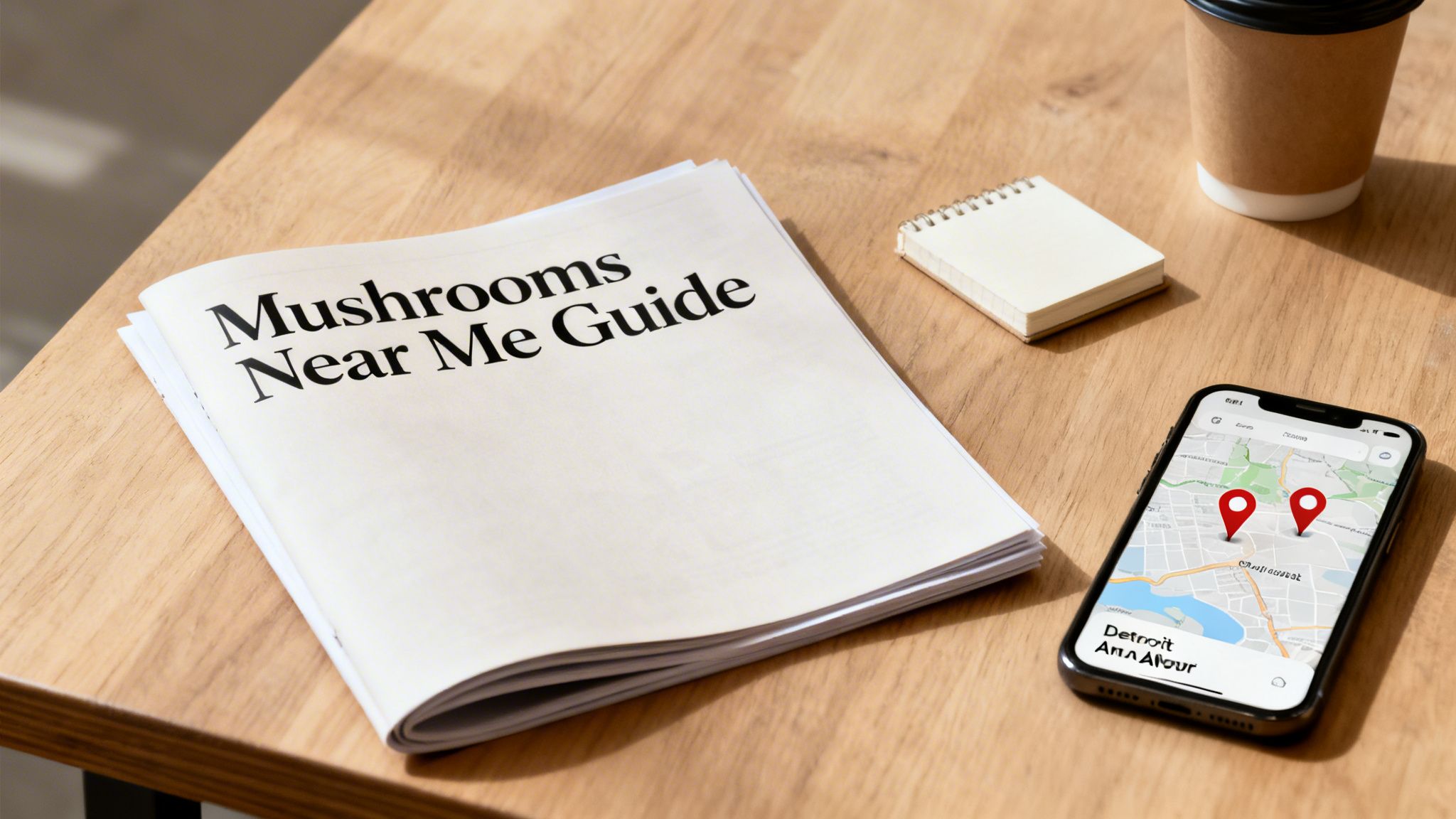 A wooden desk with a 'Mushrooms Near Me Guide' newspaper, smartphone displaying a map, notebook, and coffee.