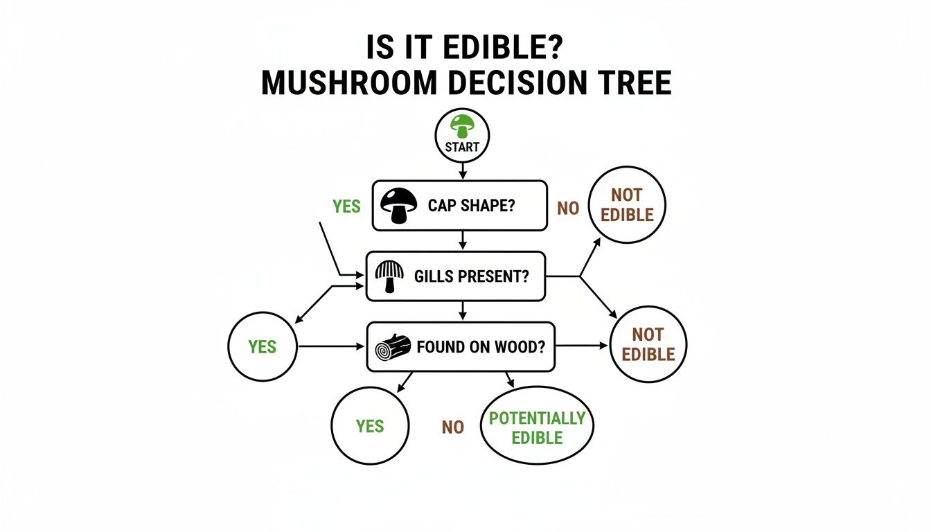 A mushroom decision tree flowchart asking about cap shape, gills, and if found on wood, to determine edibility.