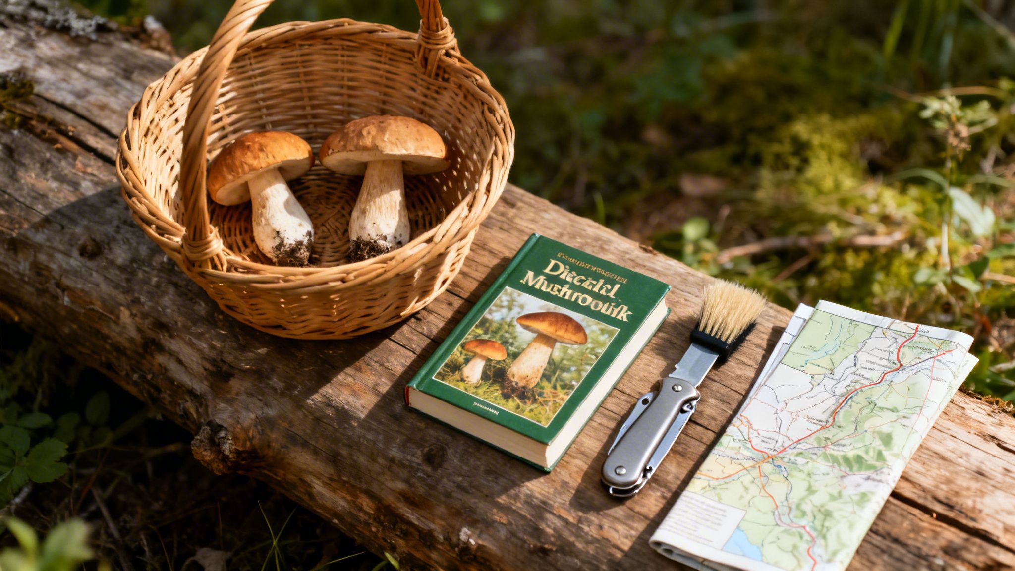 A mushroom foraging kit on a log, featuring a basket with porcini, a field guide, a brush, and a map.