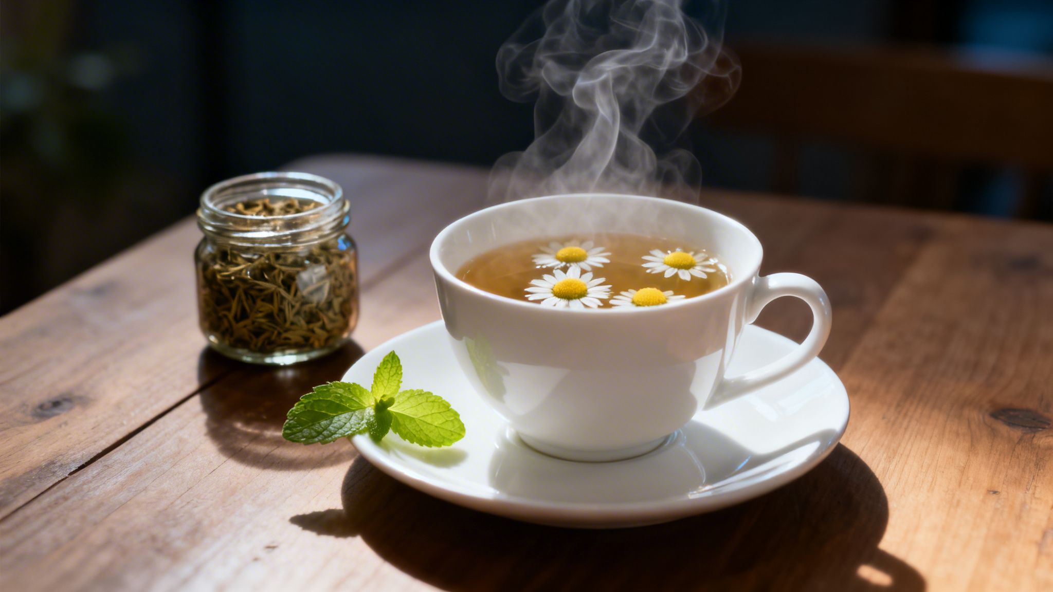 A cup of steaming chamomile tea with daisies, a jar of loose tea, and mint on a wooden table.