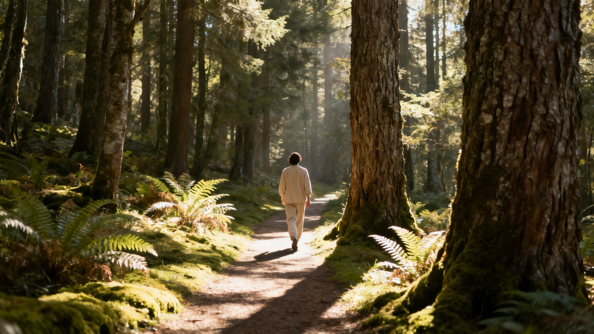 A person walks on a sun-dappled forest path surrounded by tall trees and lush ferns.