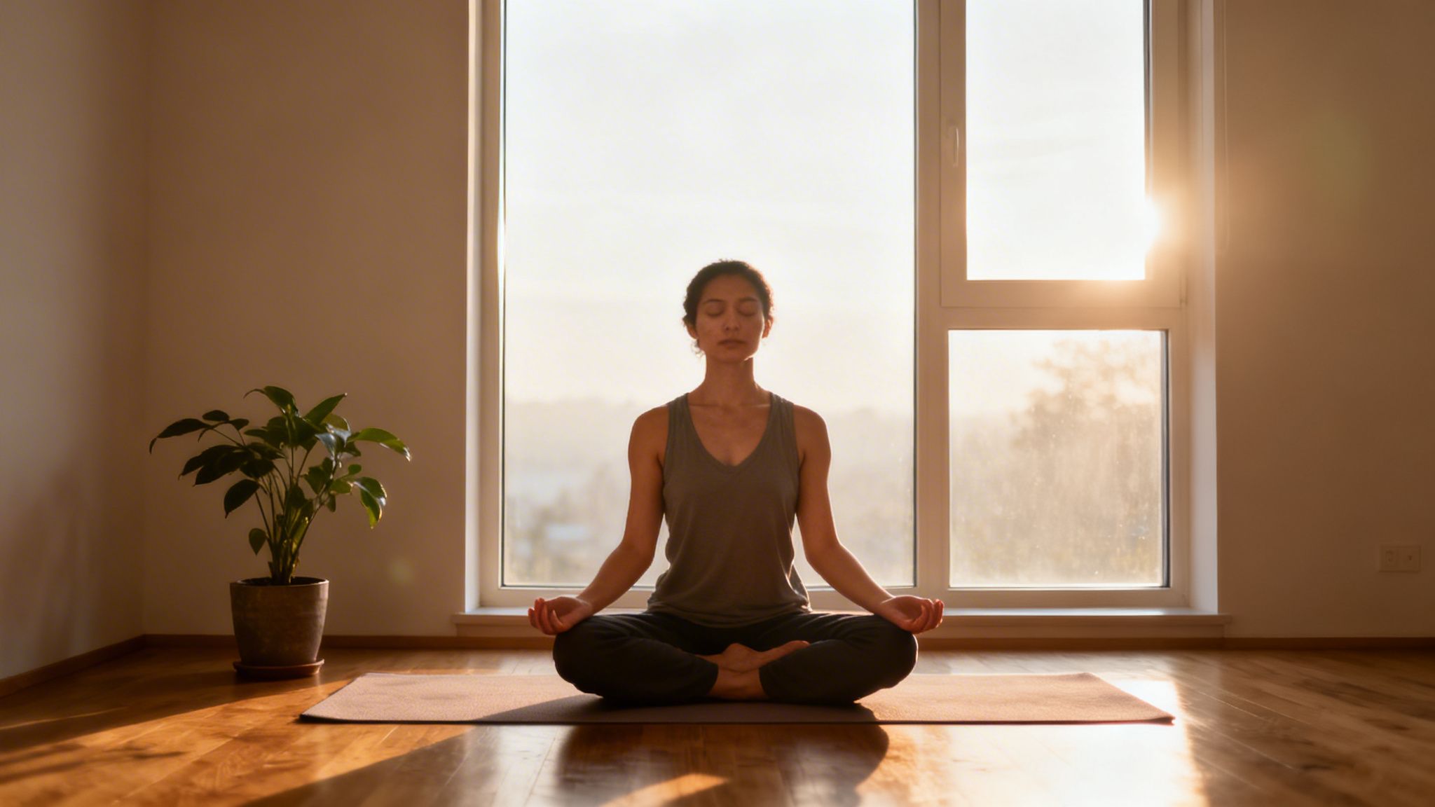 A woman meditates in a peaceful room, sitting on a yoga mat with eyes closed, bathed in soft sunlight.