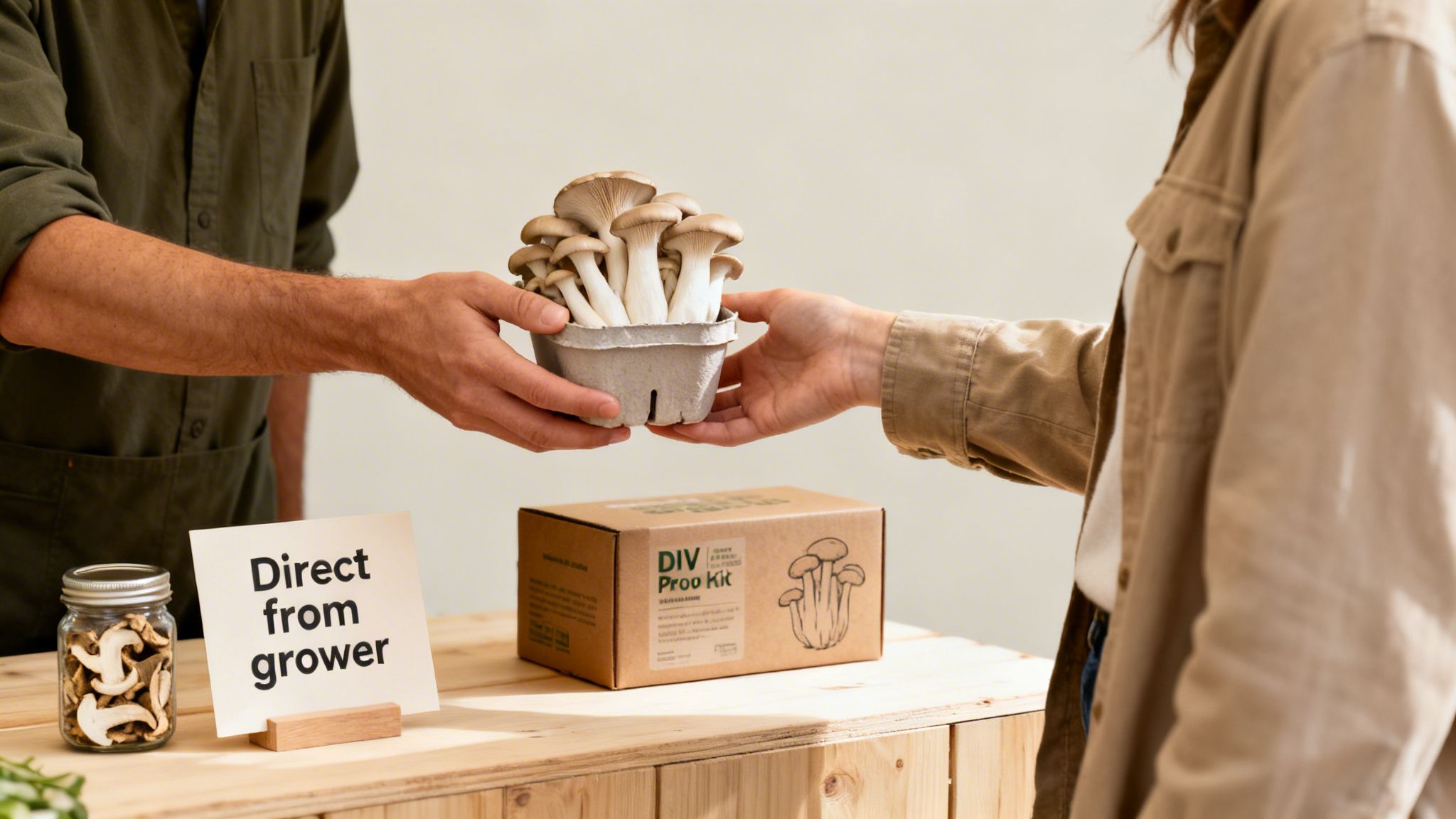 A grower hands a customer a container of fresh oyster mushrooms, alongside a DIY mushroom kit and dried mushrooms.