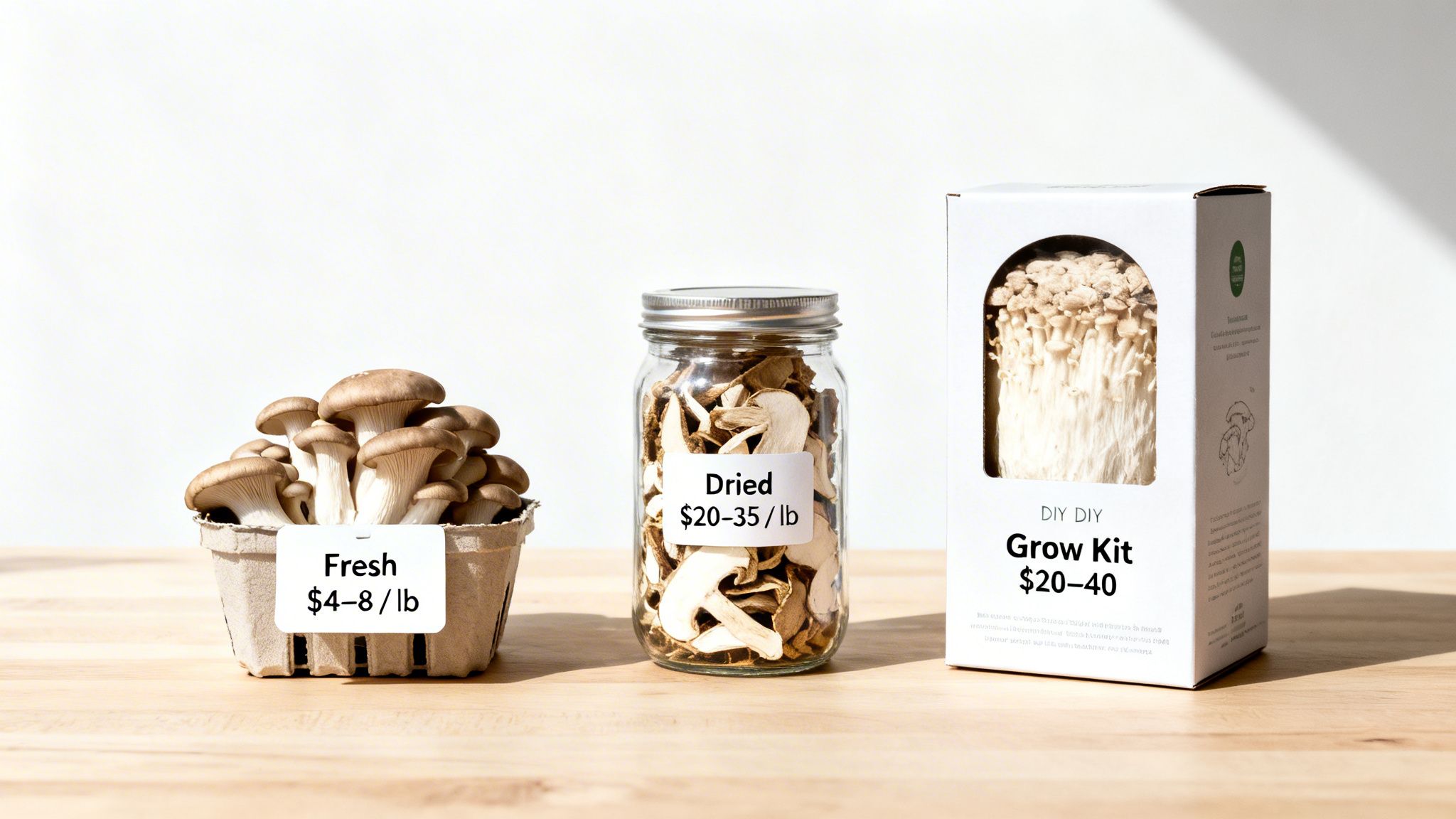 Fresh, dried, and DIY oyster mushrooms with price tags on a wooden table.