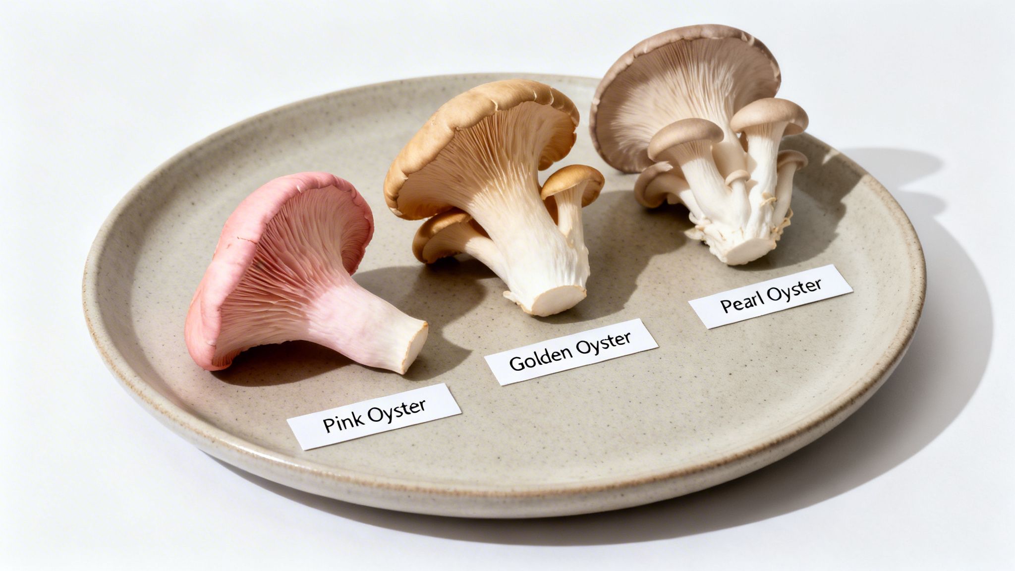 Three fresh pink, golden, and pearl oyster mushroom varieties displayed on a ceramic plate with labels.
