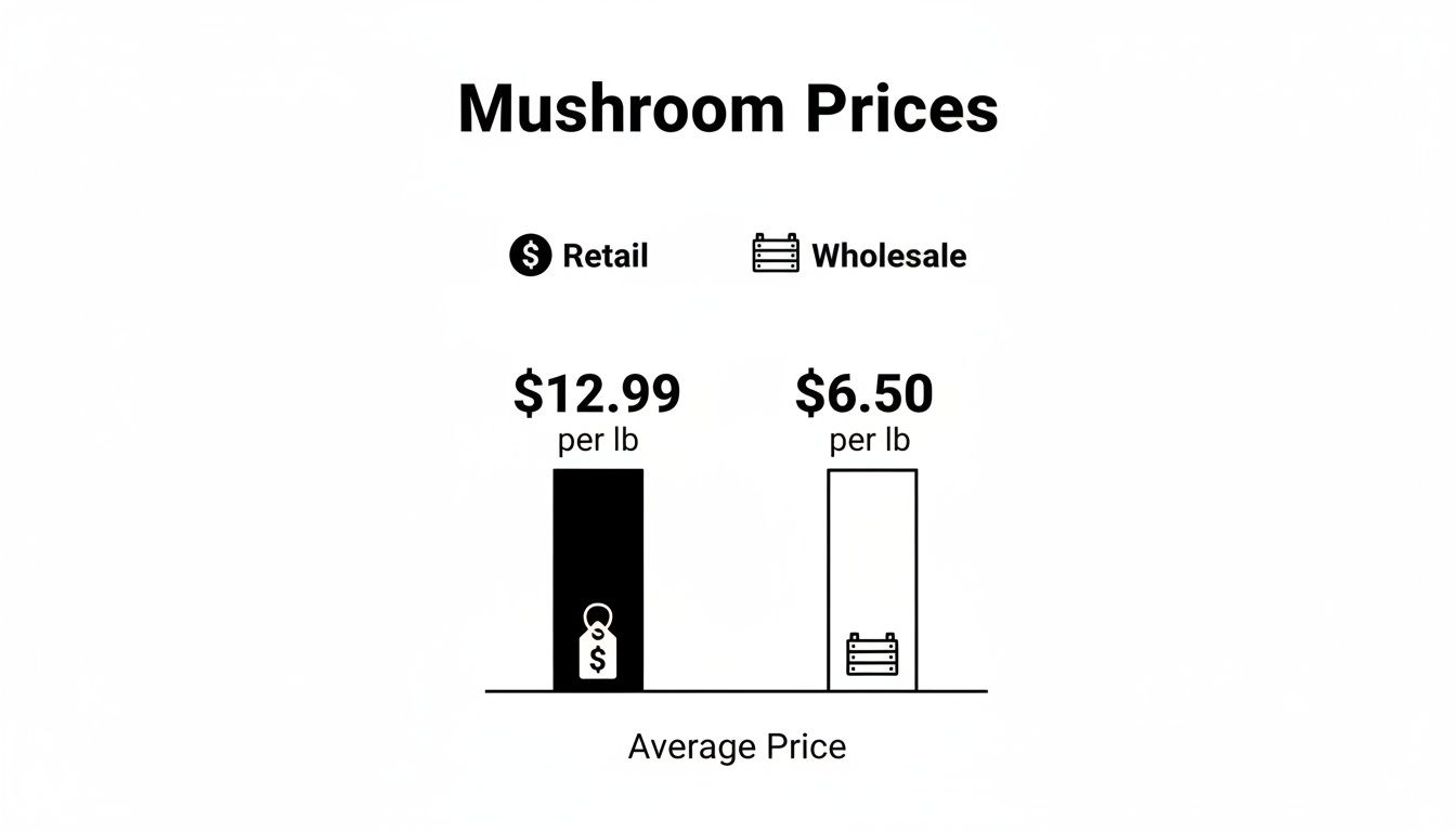 Bar chart comparing average retail price ($12.99/lb) and wholesale price ($6.50/lb) of mushrooms.