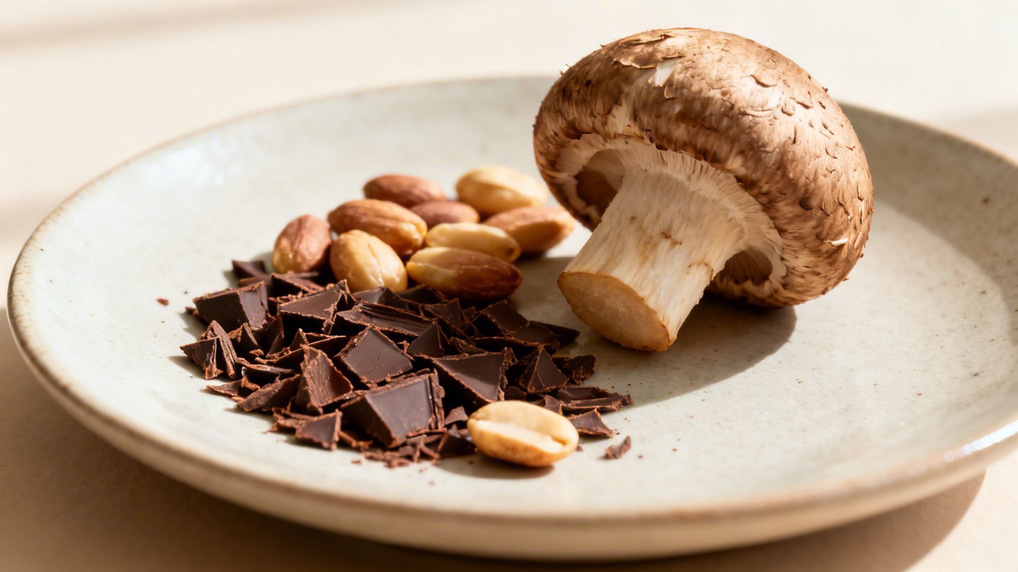 A light-colored plate with dark chocolate chunks, shelled peanuts, and a whole mushroom.