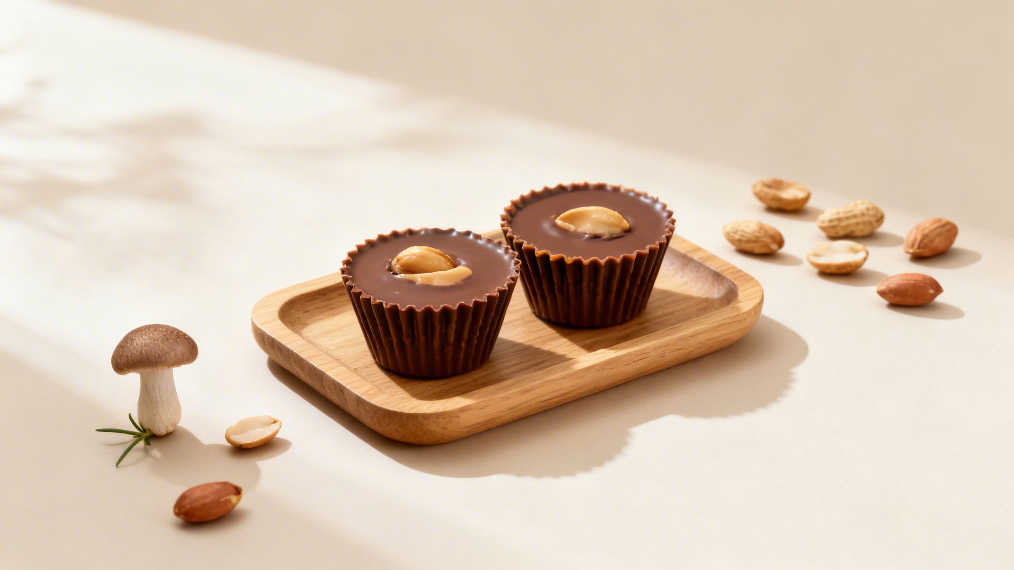 Two chocolate peanut butter cups with whole peanuts on a wooden tray, surrounded by scattered peanuts and a small mushroom.