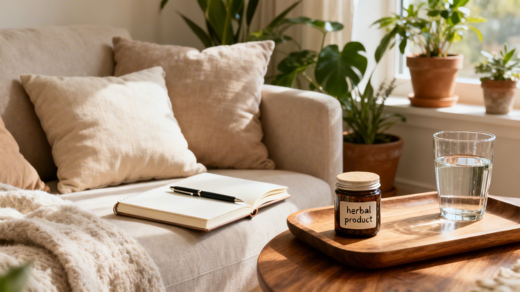 A cozy indoor scene with a couch, plants, a notebook, and a 'herbal product' on a tray.