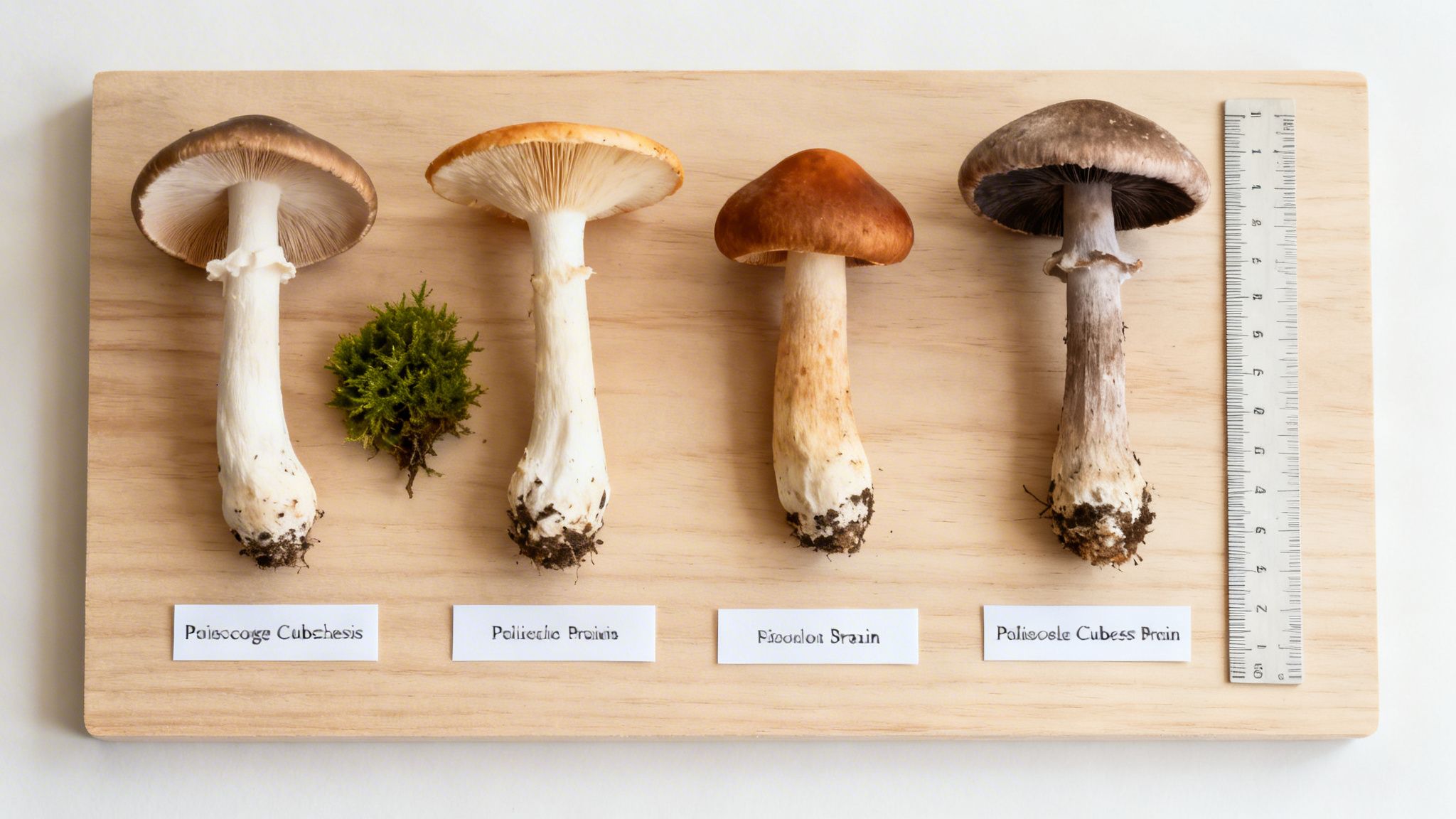 Four different psilocybe cubensis mushroom strains and moss on a wooden board with a ruler.