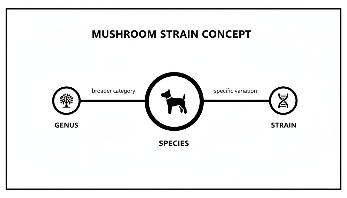 A diagram illustrating the hierarchy of mushroom classification from genus to species to strain.