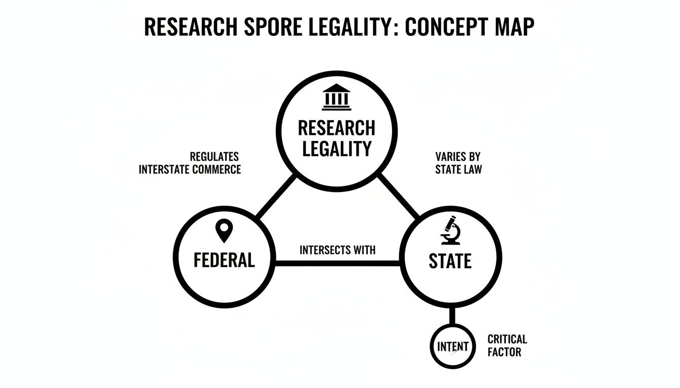 Concept map illustrating research spore legality, showing federal and state regulations, and critical factors.