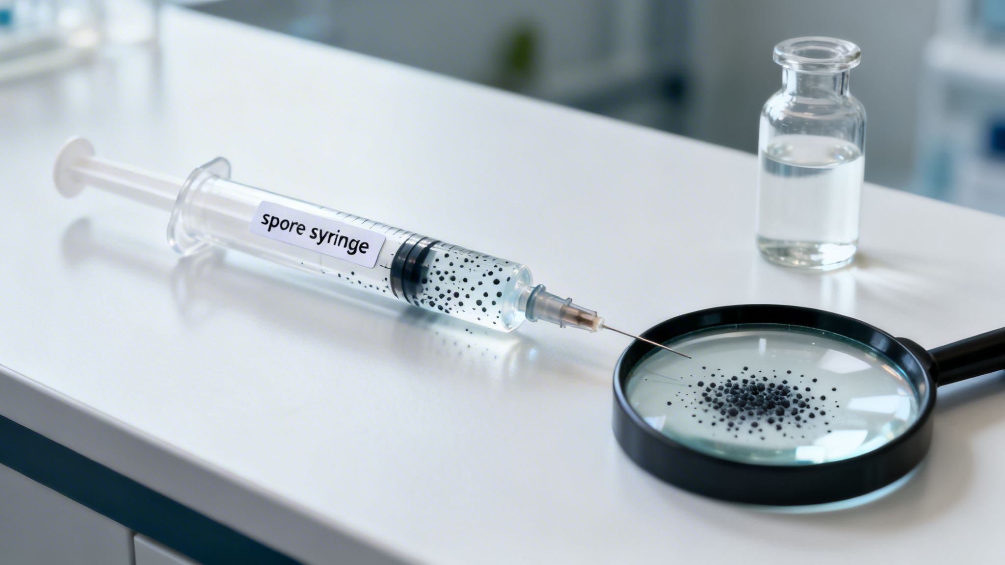 A clear spore syringe with black particles, a magnifying glass showing more spores, and a small vial on a white lab counter.