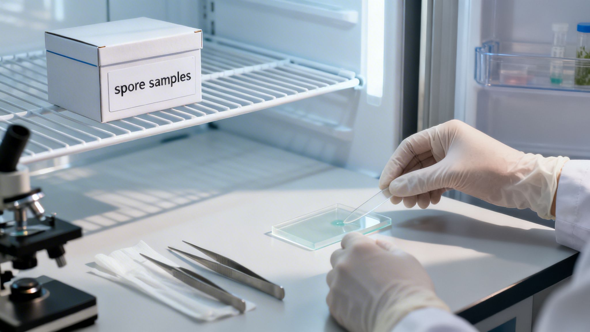 Gloved hands preparing spore samples on a glass slide in a laboratory setting with a microscope.