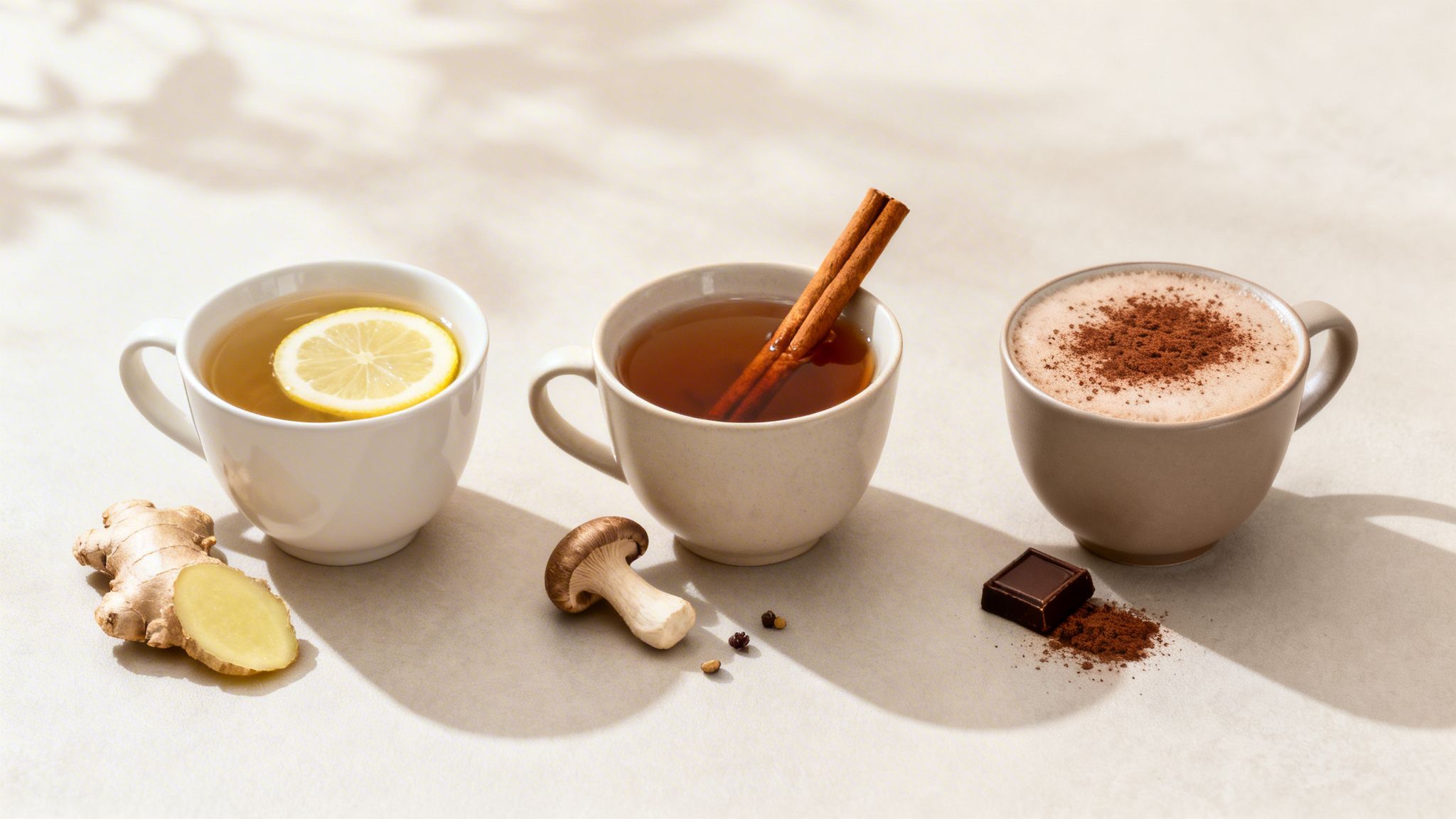 Three mugs with diverse healthy beverages: lemon ginger tea, cinnamon mushroom tea, and cacao drink.