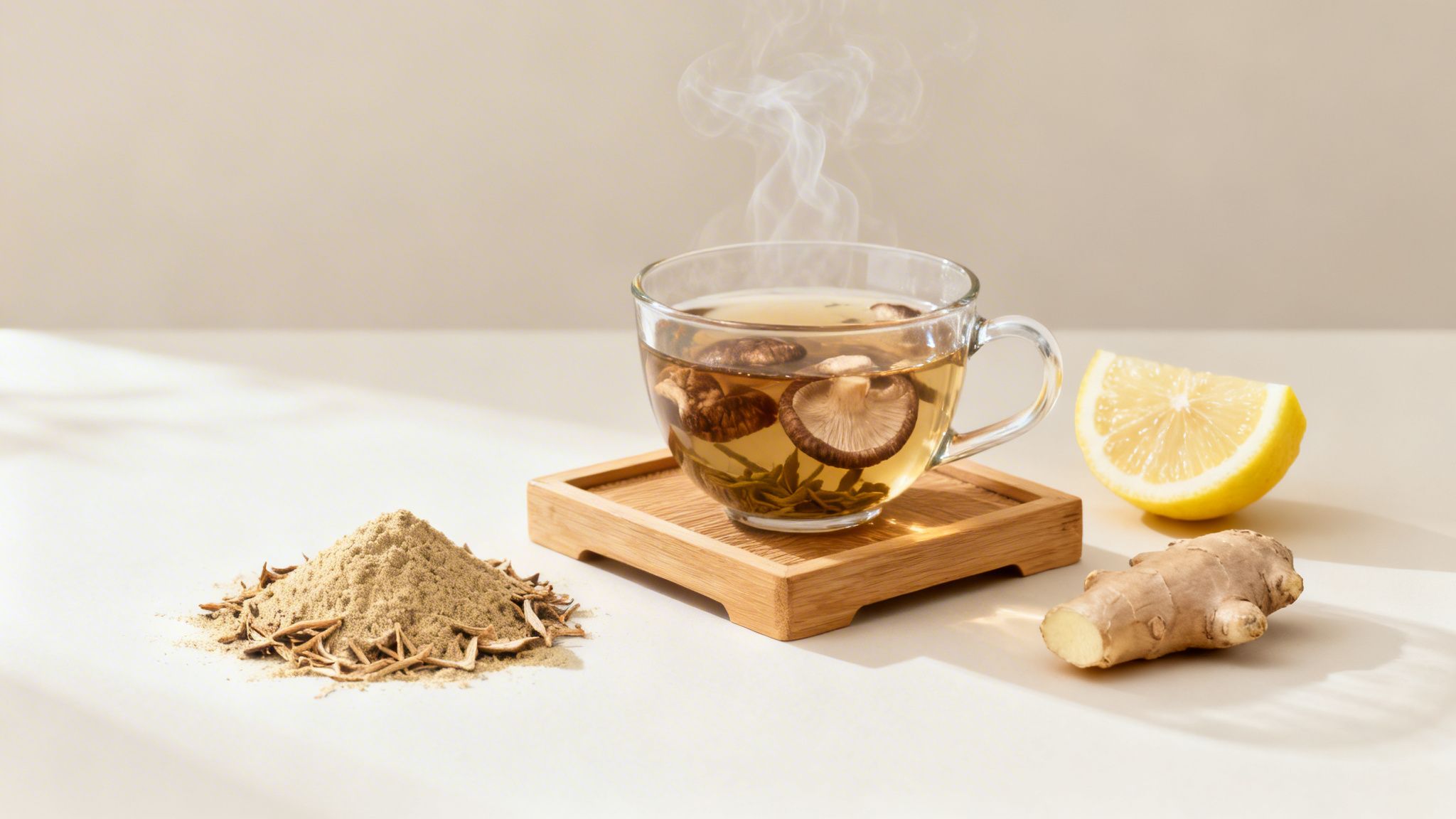 A steaming cup of shiitake mushroom tea on a wooden coaster with lemon, ginger, and dried ingredients.